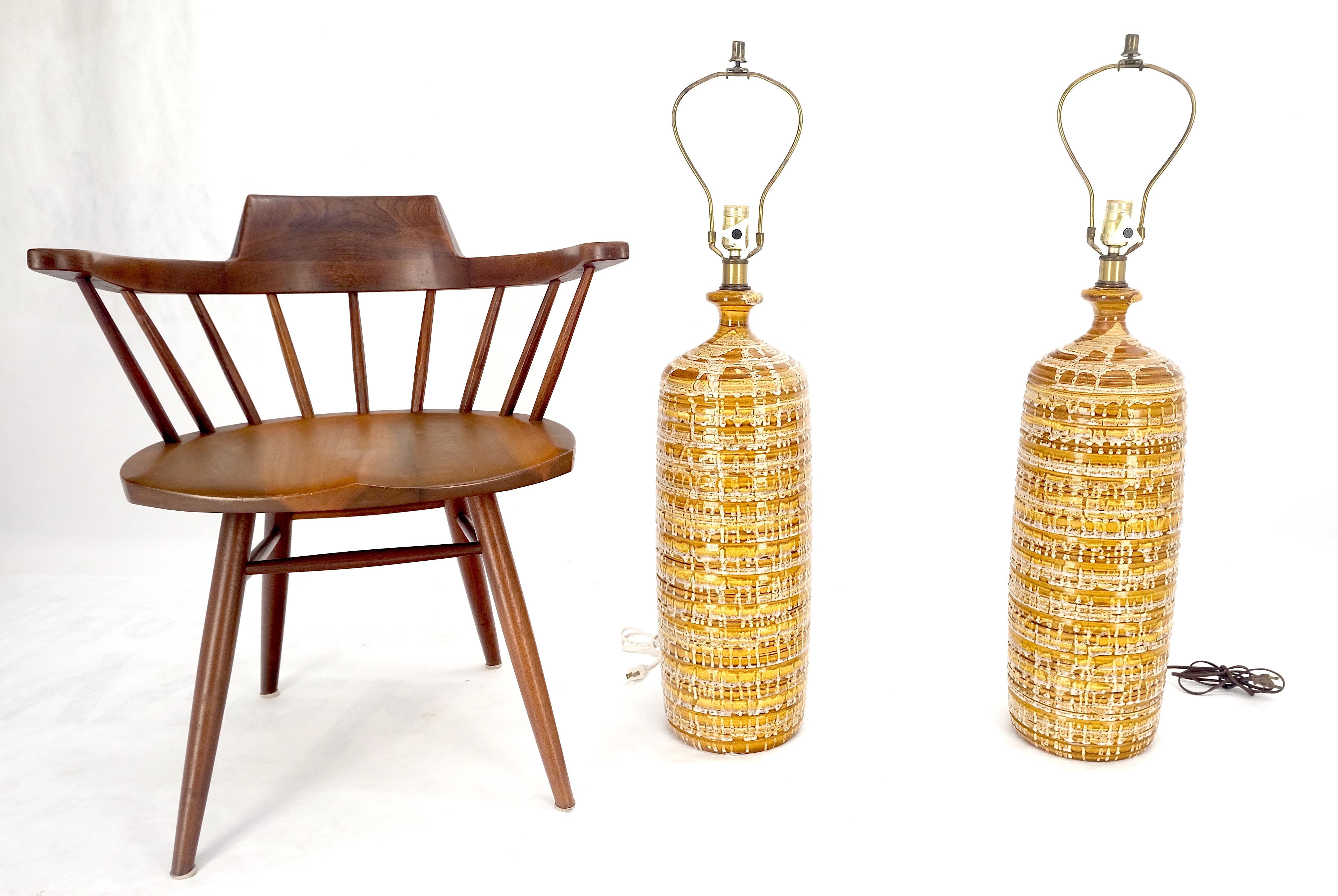 Pair Italian Brown Cream Yellow Drip Glaze Ceramic Pottery Cylinder Shape Table Lamps MINT!