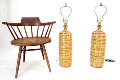 Pair Italian Brown Cream Yellow Drip Glaze Ceramic Pottery Cylinder Shape Lamps