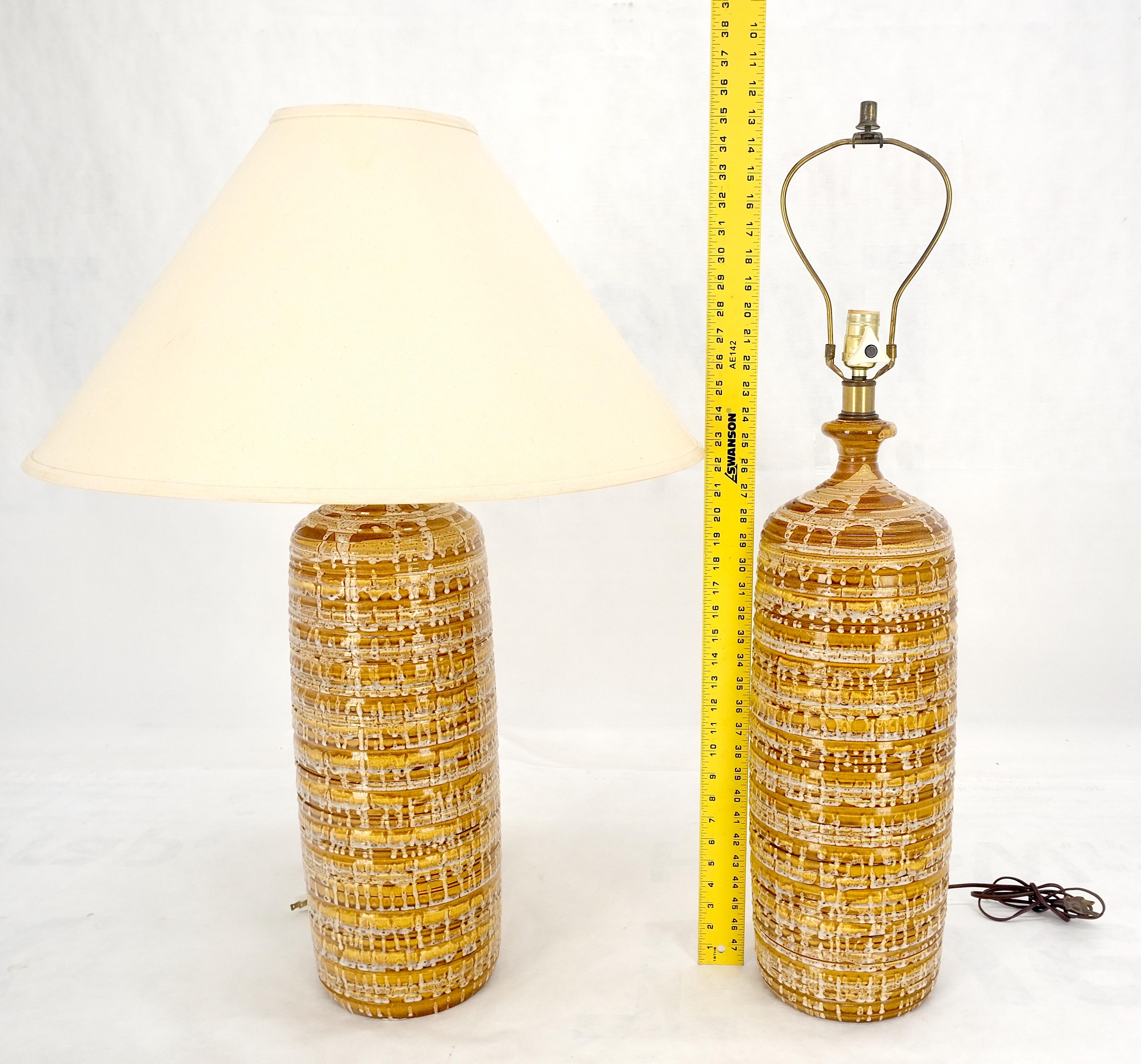 Glazed Pair Italian Brown Cream Yellow Drip Glaze Ceramic Pottery Cylinder Shape Lamps