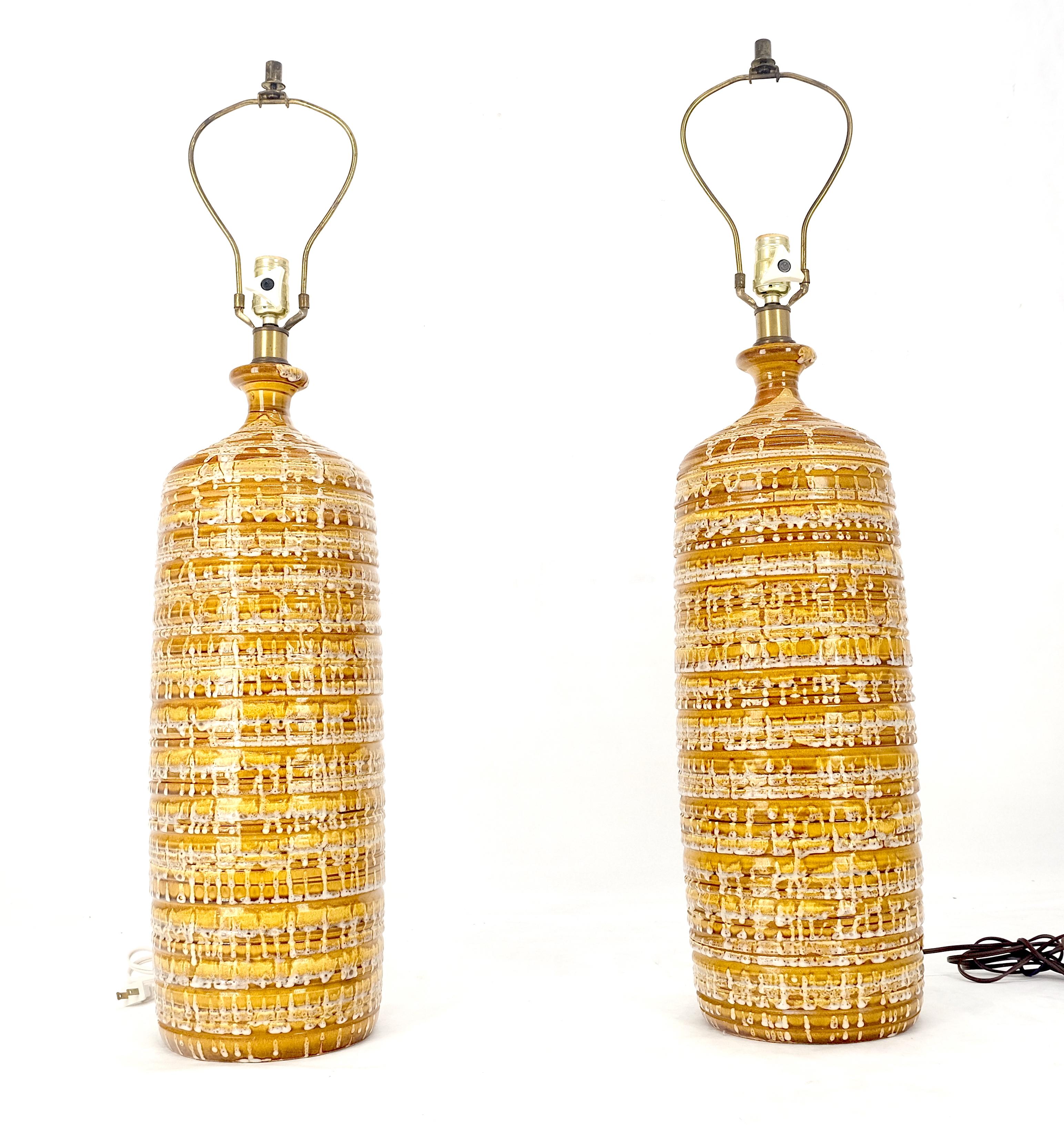 Pair Italian Brown Cream Yellow Drip Glaze Ceramic Pottery Cylinder Shape Lamps 1