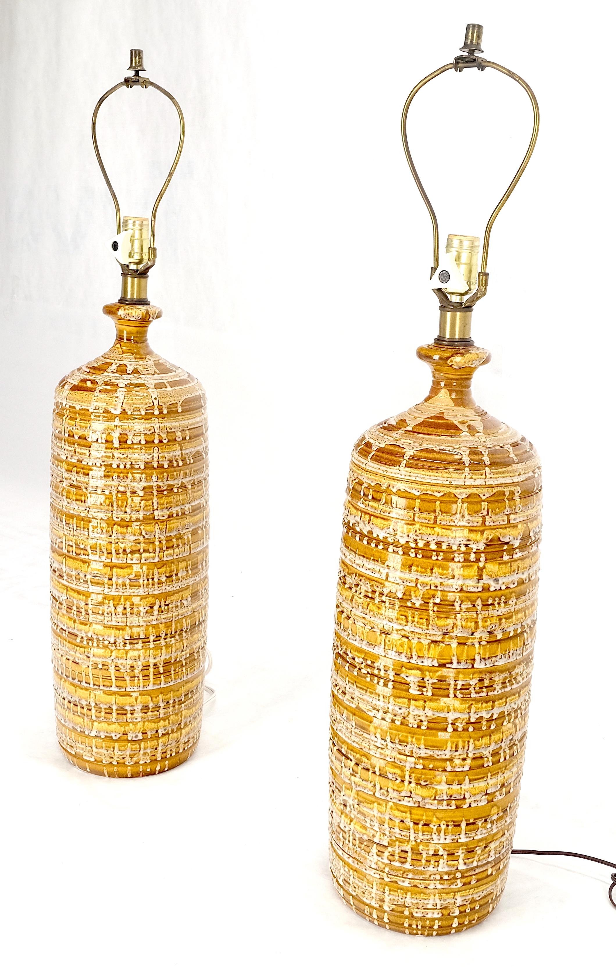 Pair Italian Brown Cream Yellow Drip Glaze Ceramic Pottery Cylinder Shape Lamps 2