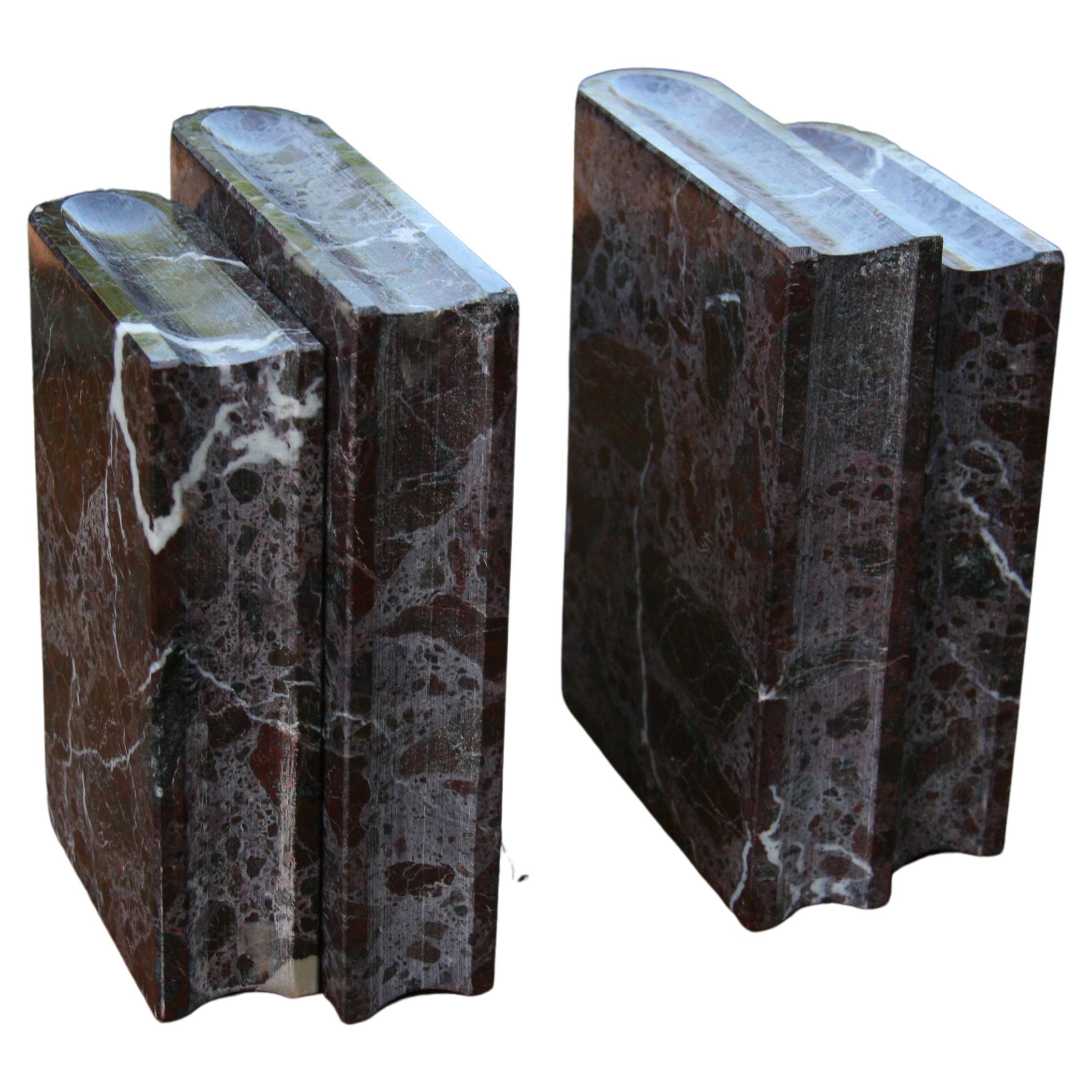 Pair Italian Marble Burgundy and White 'Book' Bookends For Sale