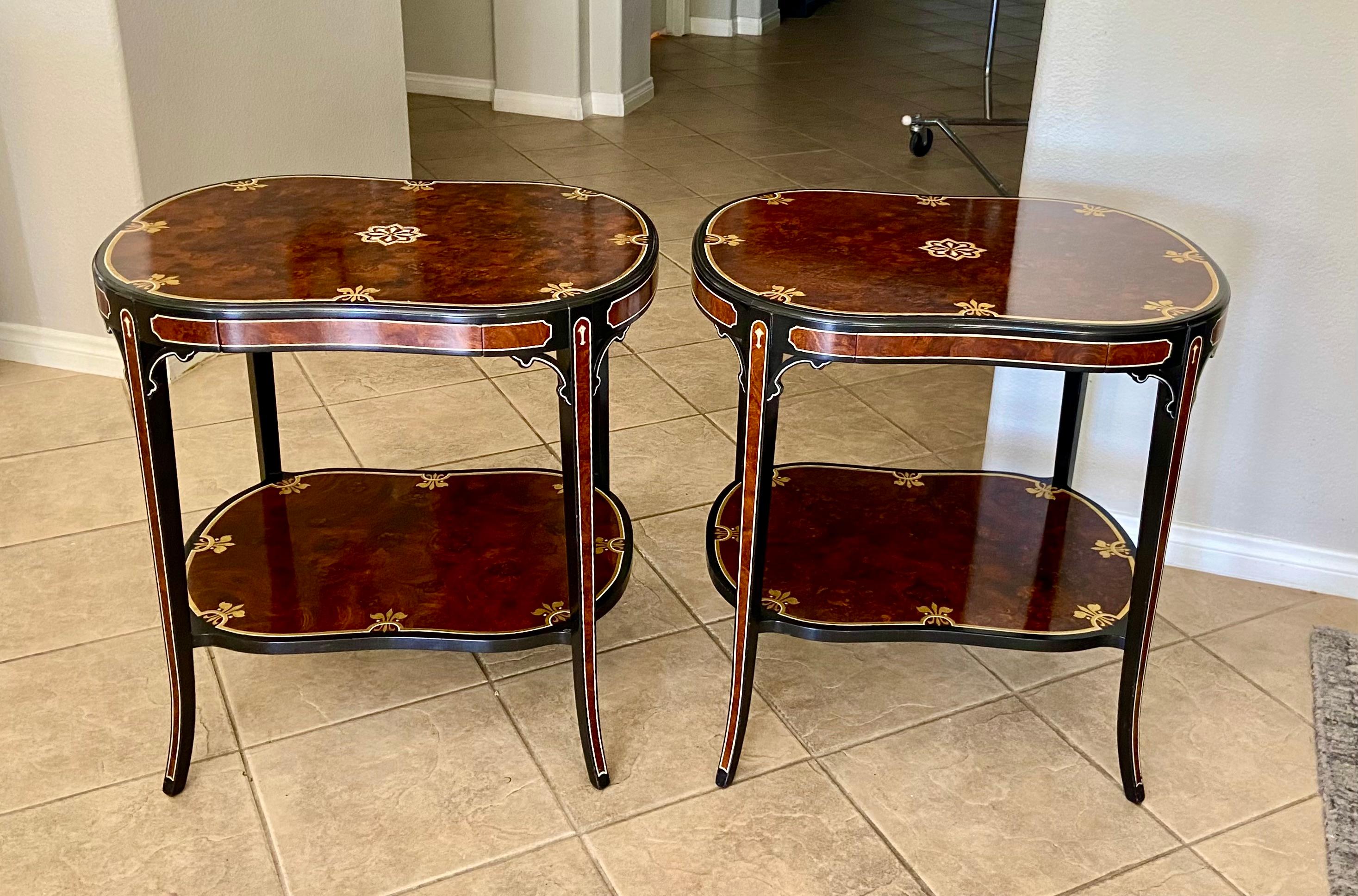 Pair Italian Burl Wood 2 Tier End Side Tables In Good Condition In Palm Springs, CA