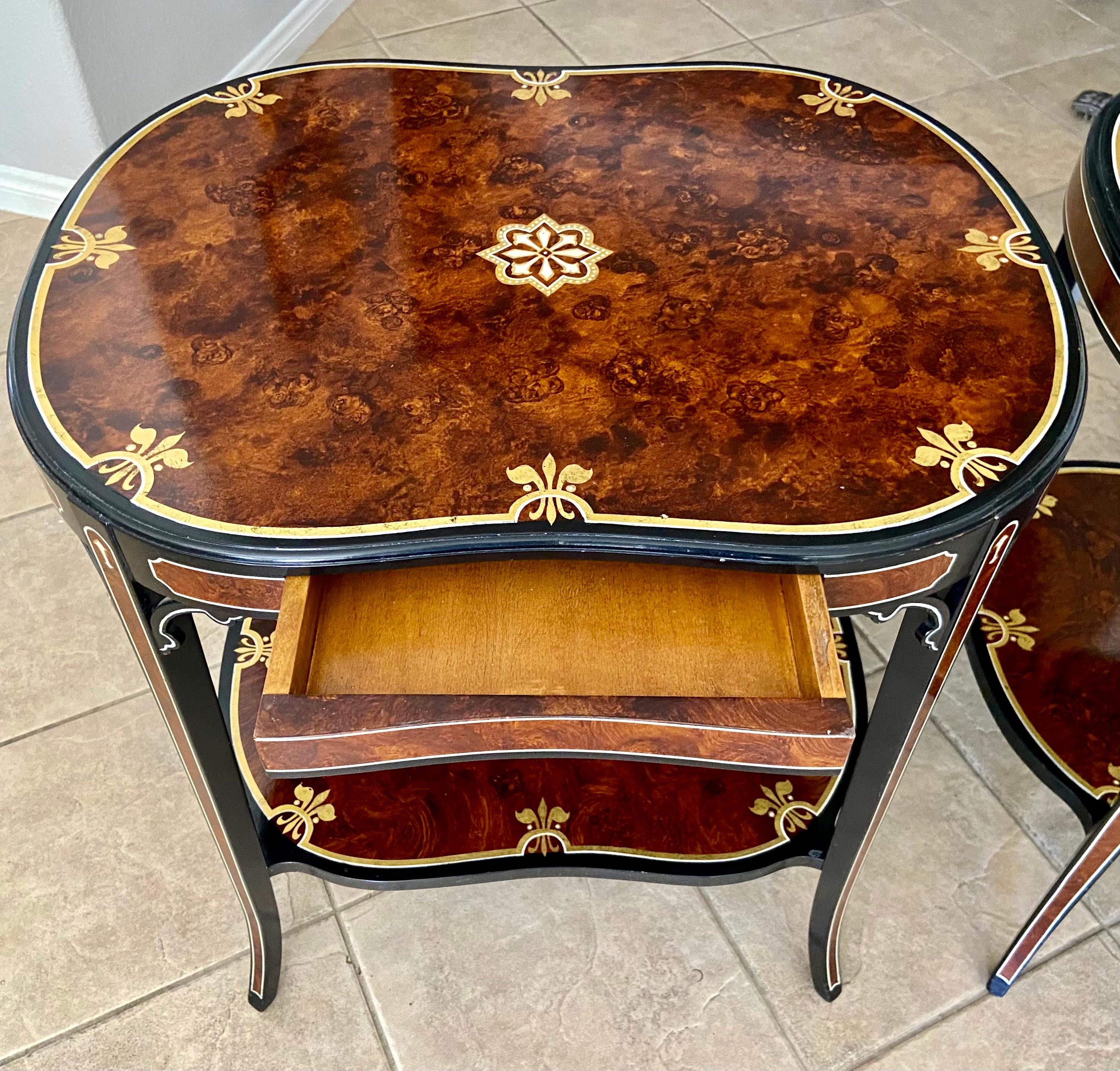 Pair Italian Burl Wood 2 Tier End Side Tables 2