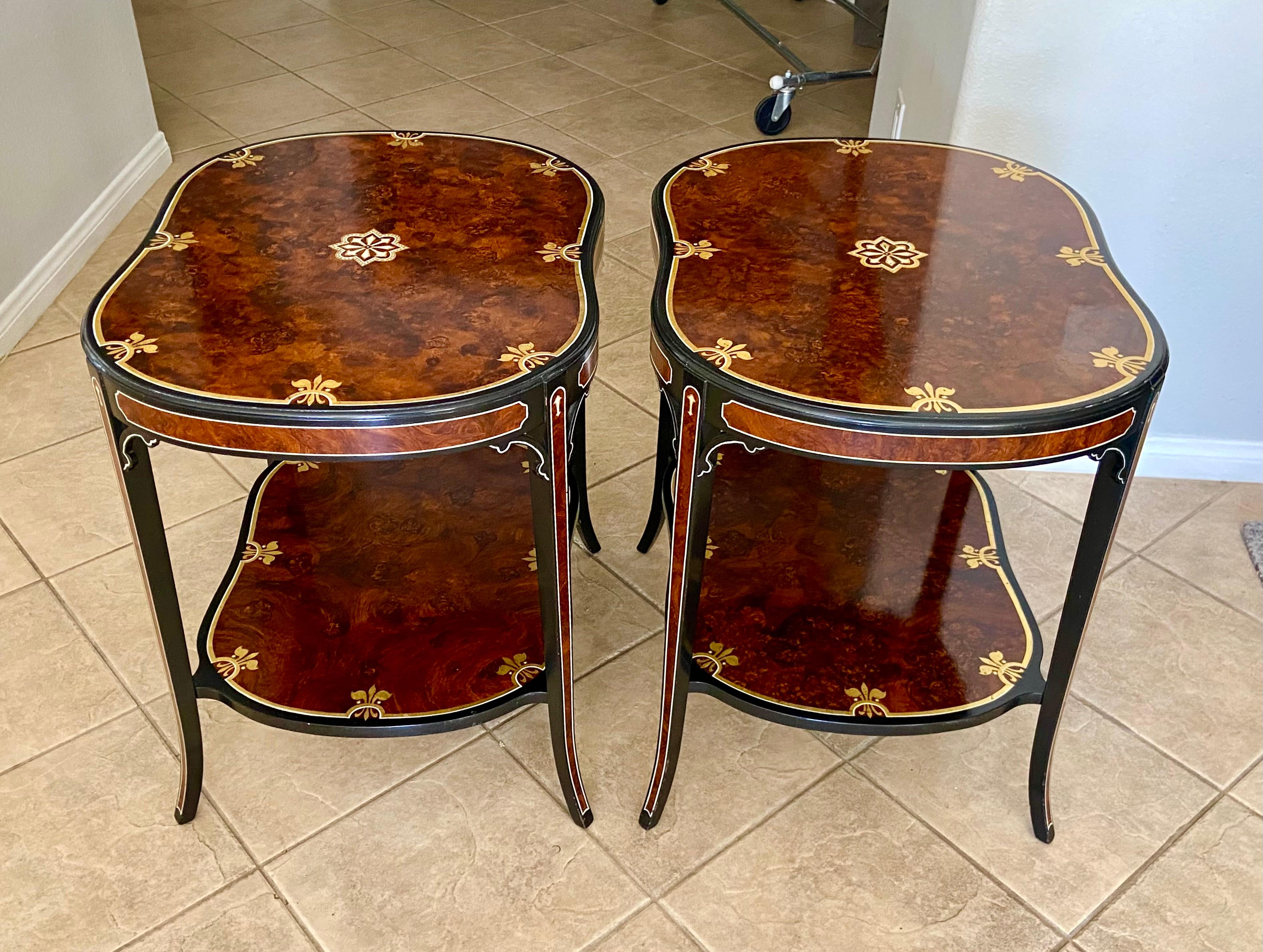 Pair Italian Burl Wood 2 Tier End Side Tables 4