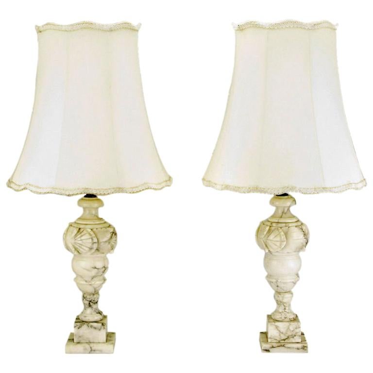 Pair Italian Carrara Marble Table Lamps With Shell Motif