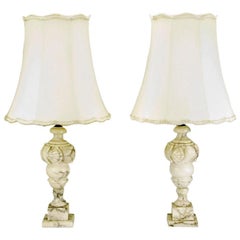 Vintage Pair Italian Carrara Marble Table Lamps With Shell Motif