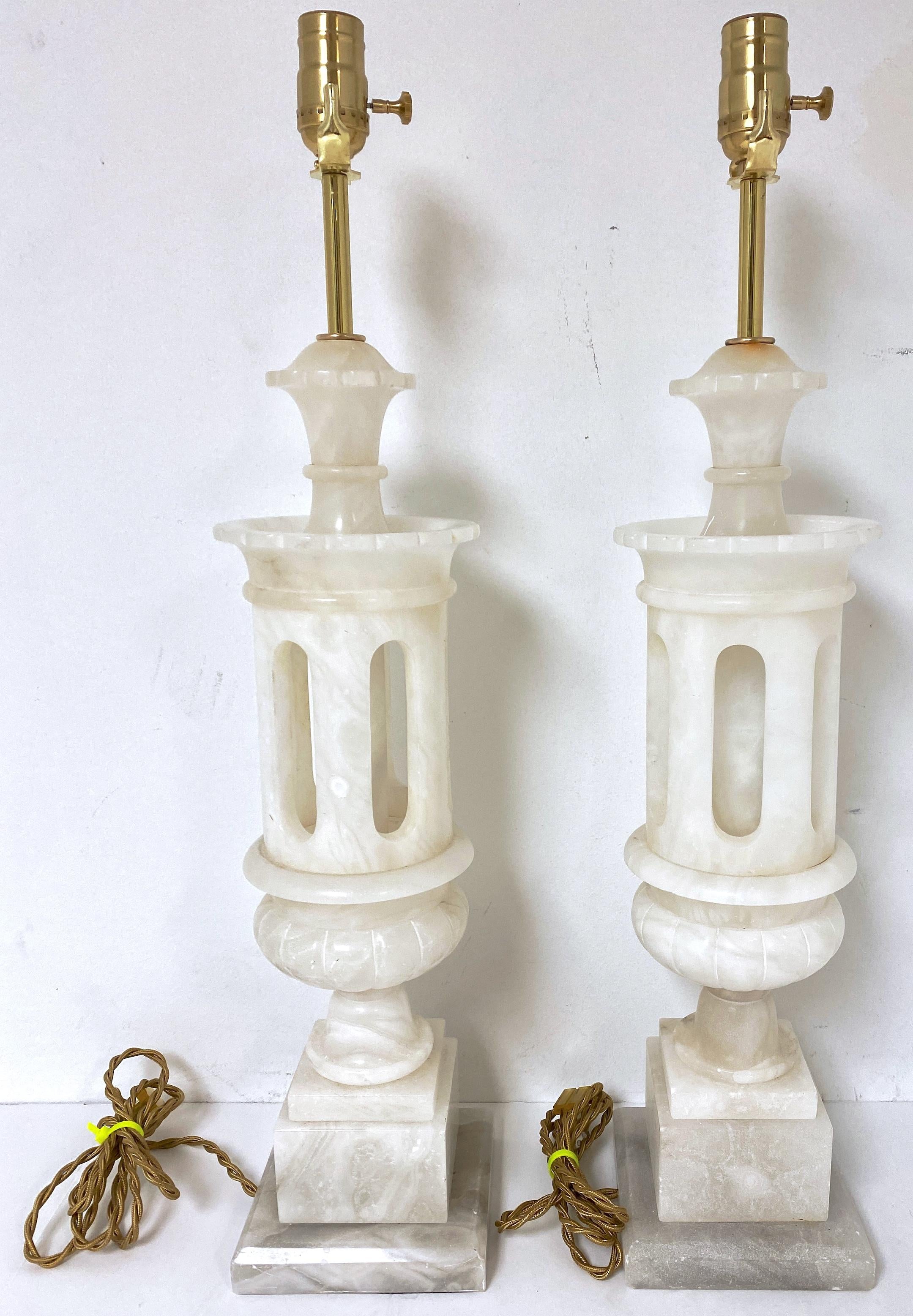 Pair Italian Carved Marble Moorish Architectural Lamps Attrib. Marbro Lamp Co.  5