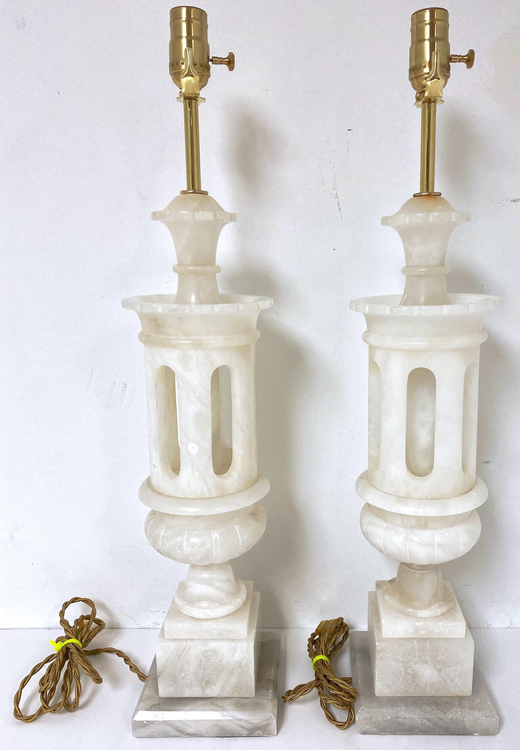 Pair Italian Carved Marble Moorish Architectural Lamps Attrib. Marbro Lamp Co. 5