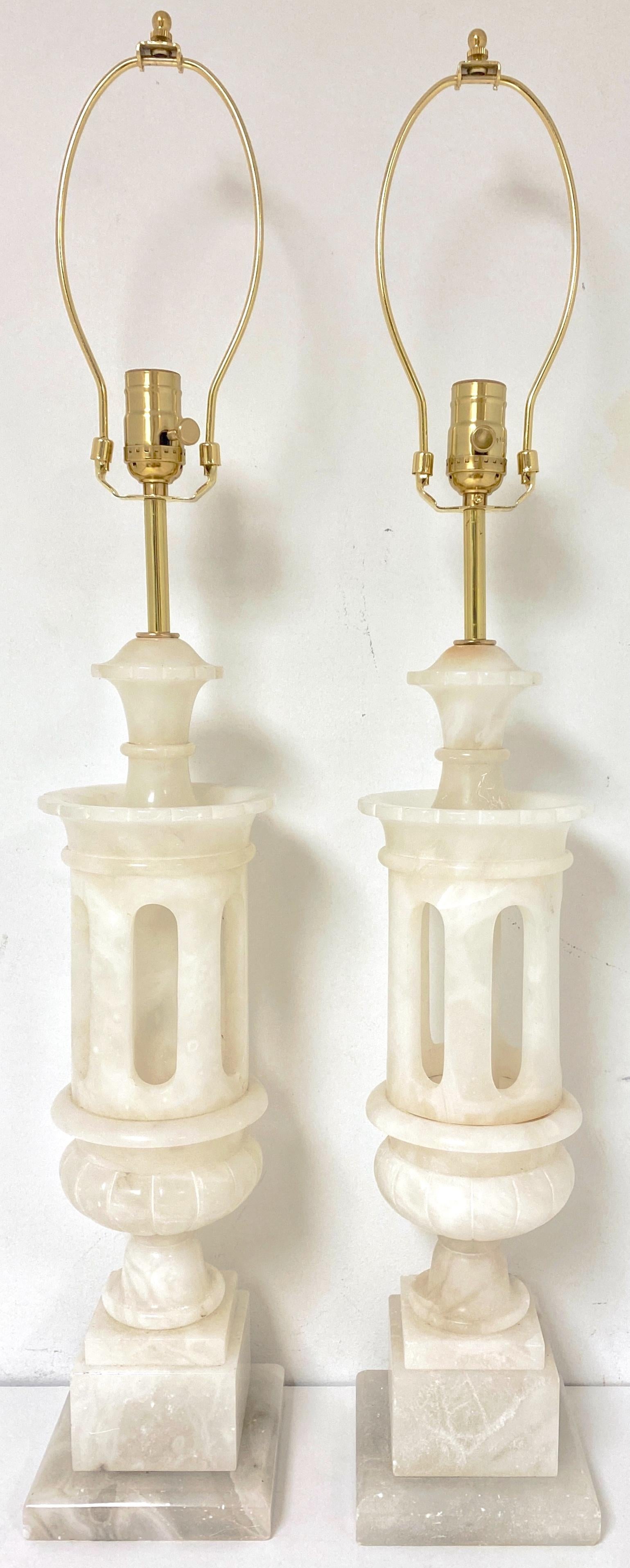 Pair Italian Carved Marble Moorish Architectural Lamps Attrib. Marbro Lamp Co. 
Italy, Circa 1960s
Attributed to the Marbro Lamp Company

A stunning pair of Italian Carved Marble Moorish Architectural Lamps, attributed to the renowned Marbro Lamp