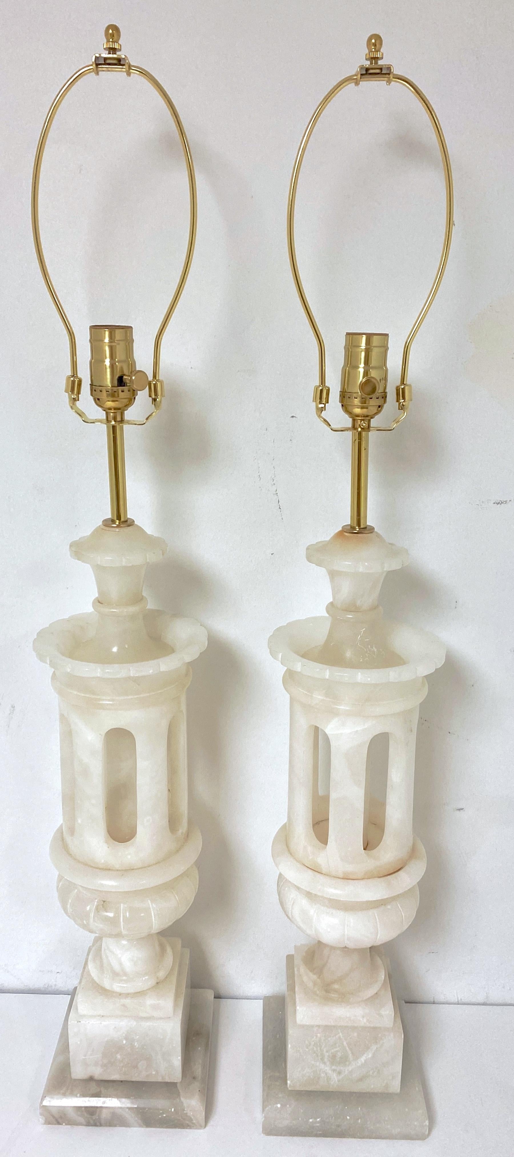 Polished Pair Italian Carved Marble Moorish Architectural Lamps Attrib. Marbro Lamp Co. 