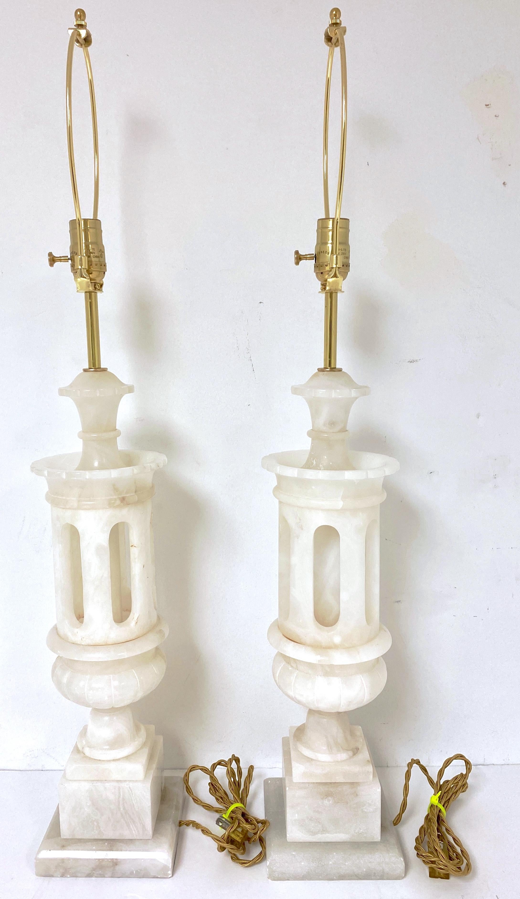 20th Century Pair Italian Carved Marble Moorish Architectural Lamps Attrib. Marbro Lamp Co. 