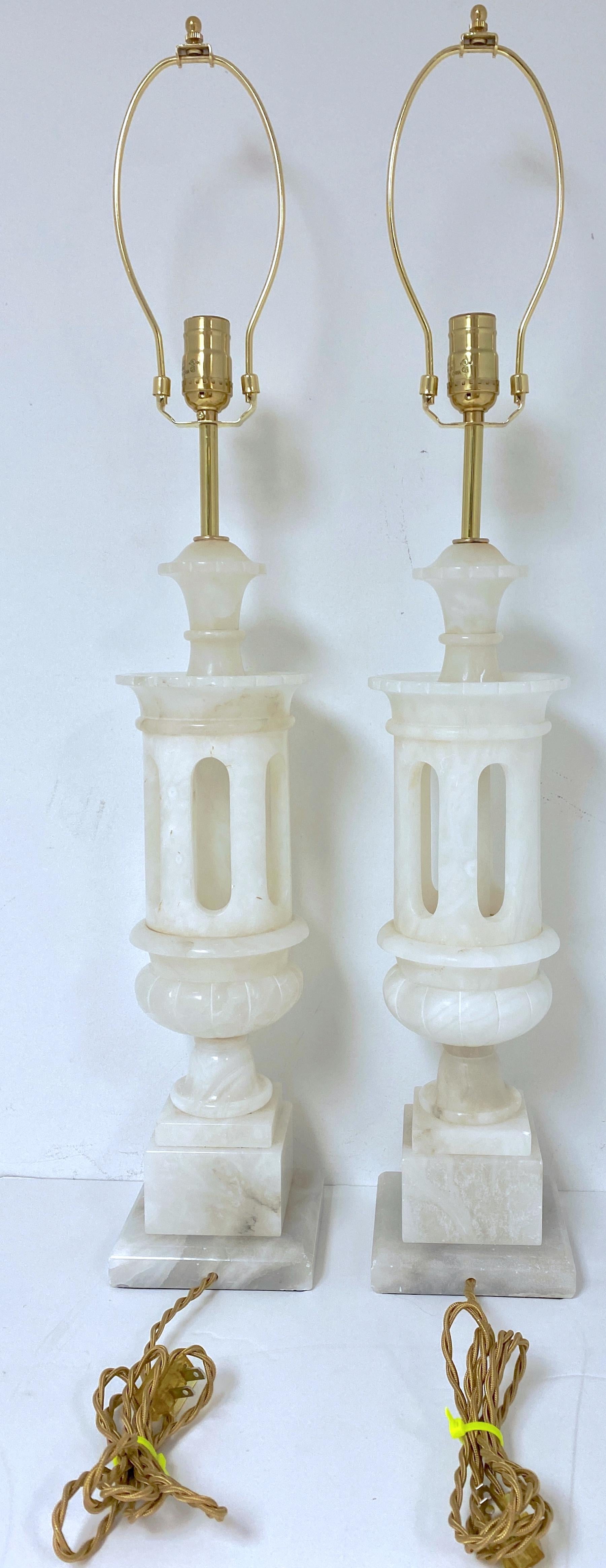 Pair Italian Carved Marble Moorish Architectural Lamps Attrib. Marbro Lamp Co.  1