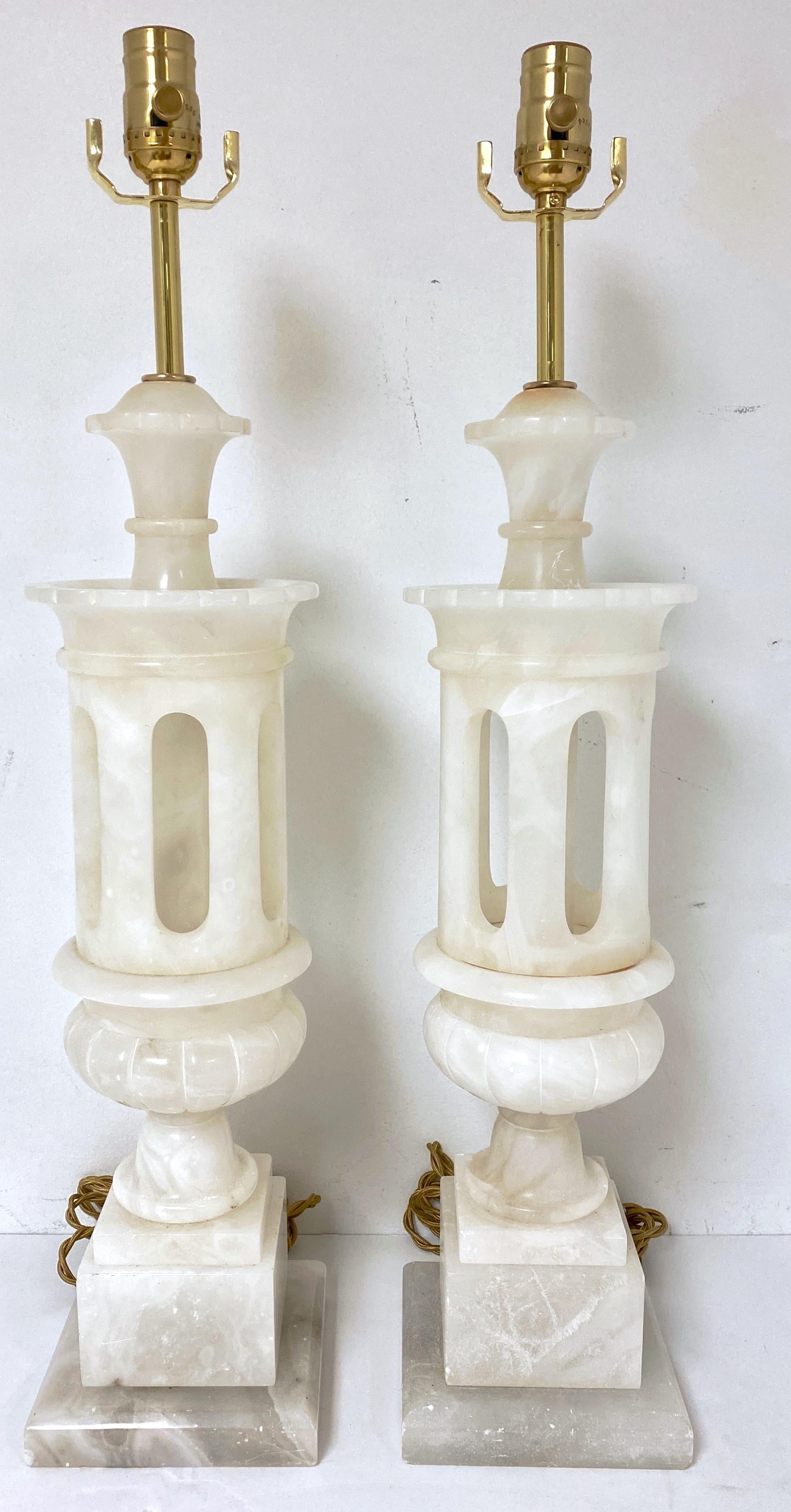 Pair Italian Carved Marble Moorish Architectural Lamps Attrib. Marbro Lamp Co. 2