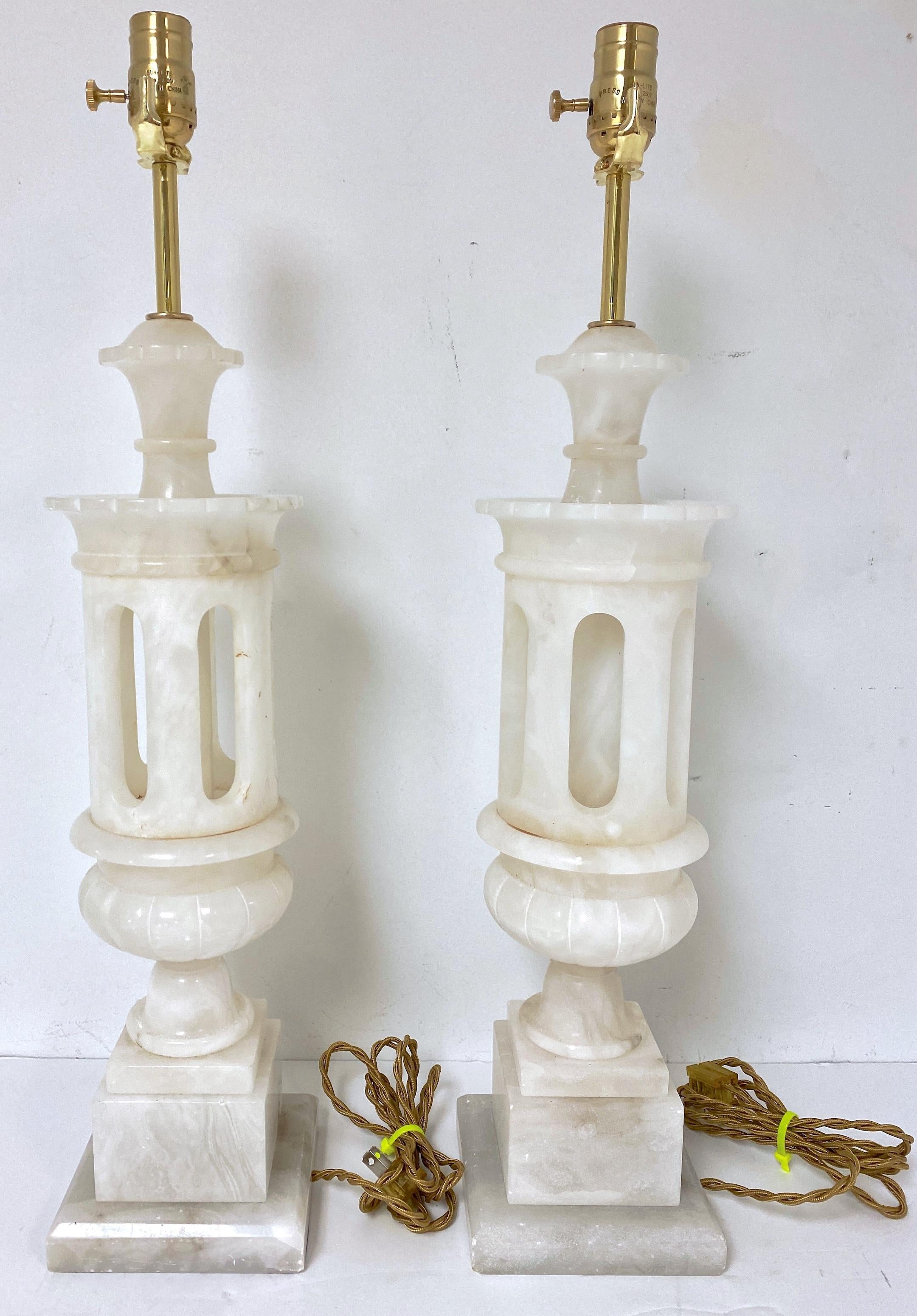 Pair Italian Carved Marble Moorish Architectural Lamps Attrib. Marbro Lamp Co.  3