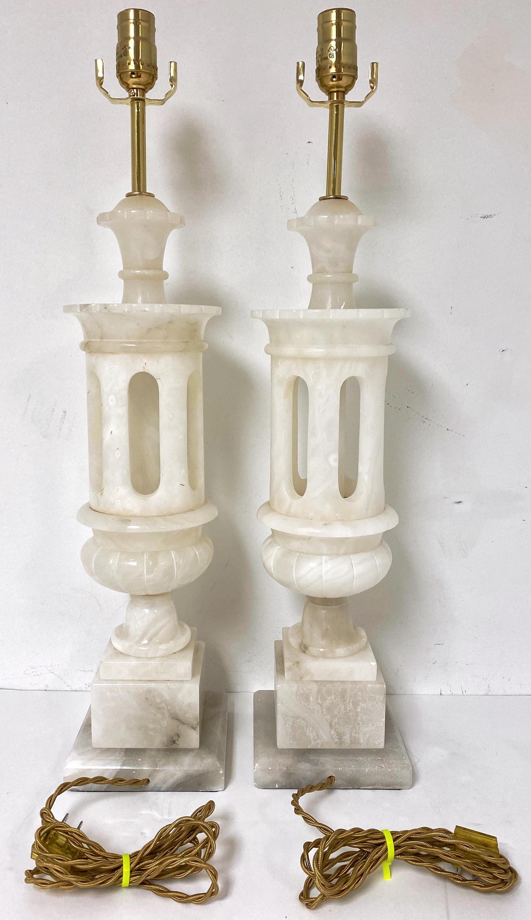 Pair Italian Carved Marble Moorish Architectural Lamps Attrib. Marbro Lamp Co.  4