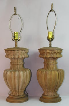 Pair of Italian Carved Walnut Wood Urn Lamps, Vintage Design, 1960s