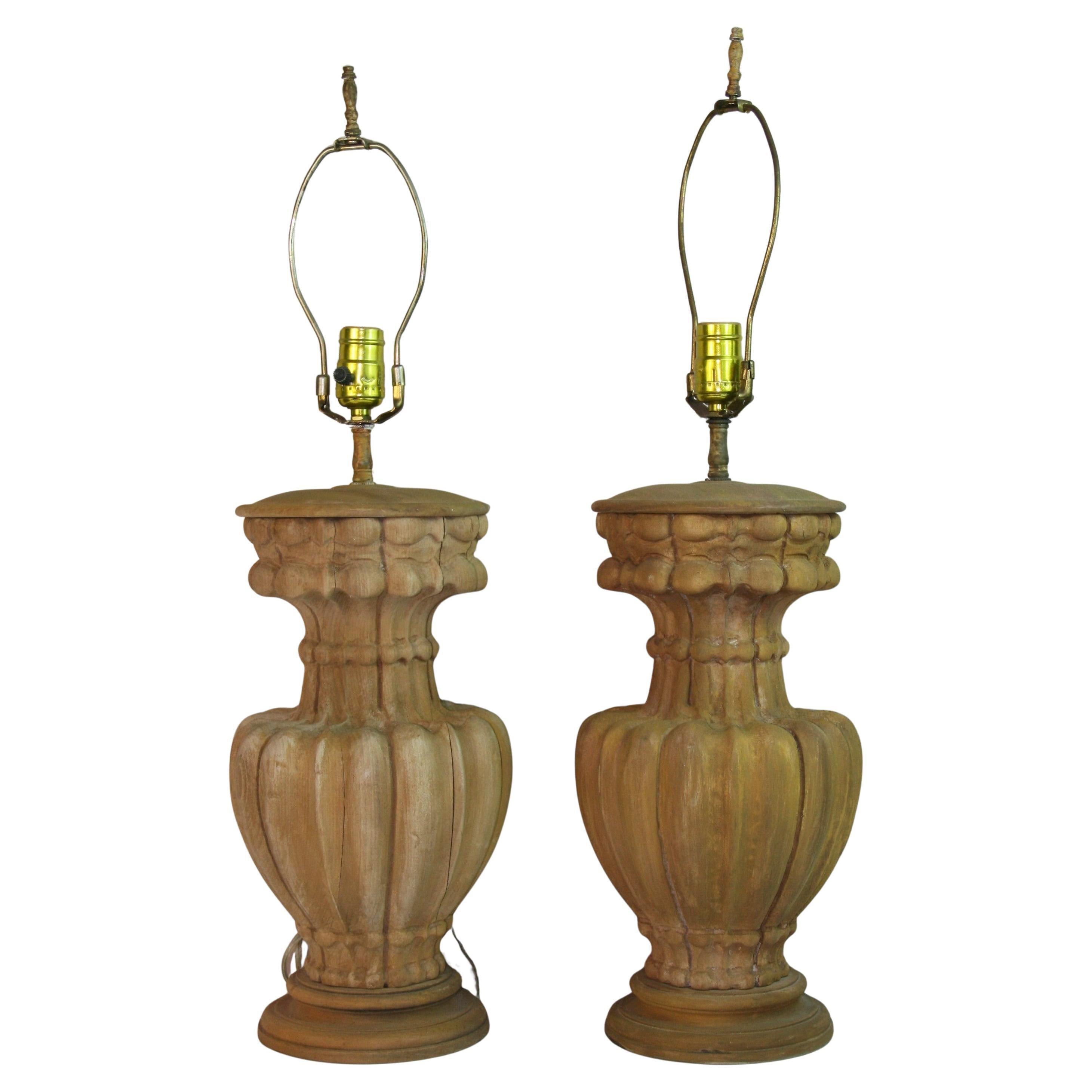 Pair Italian Carved Walnut Wood Urn Lamps 1960's