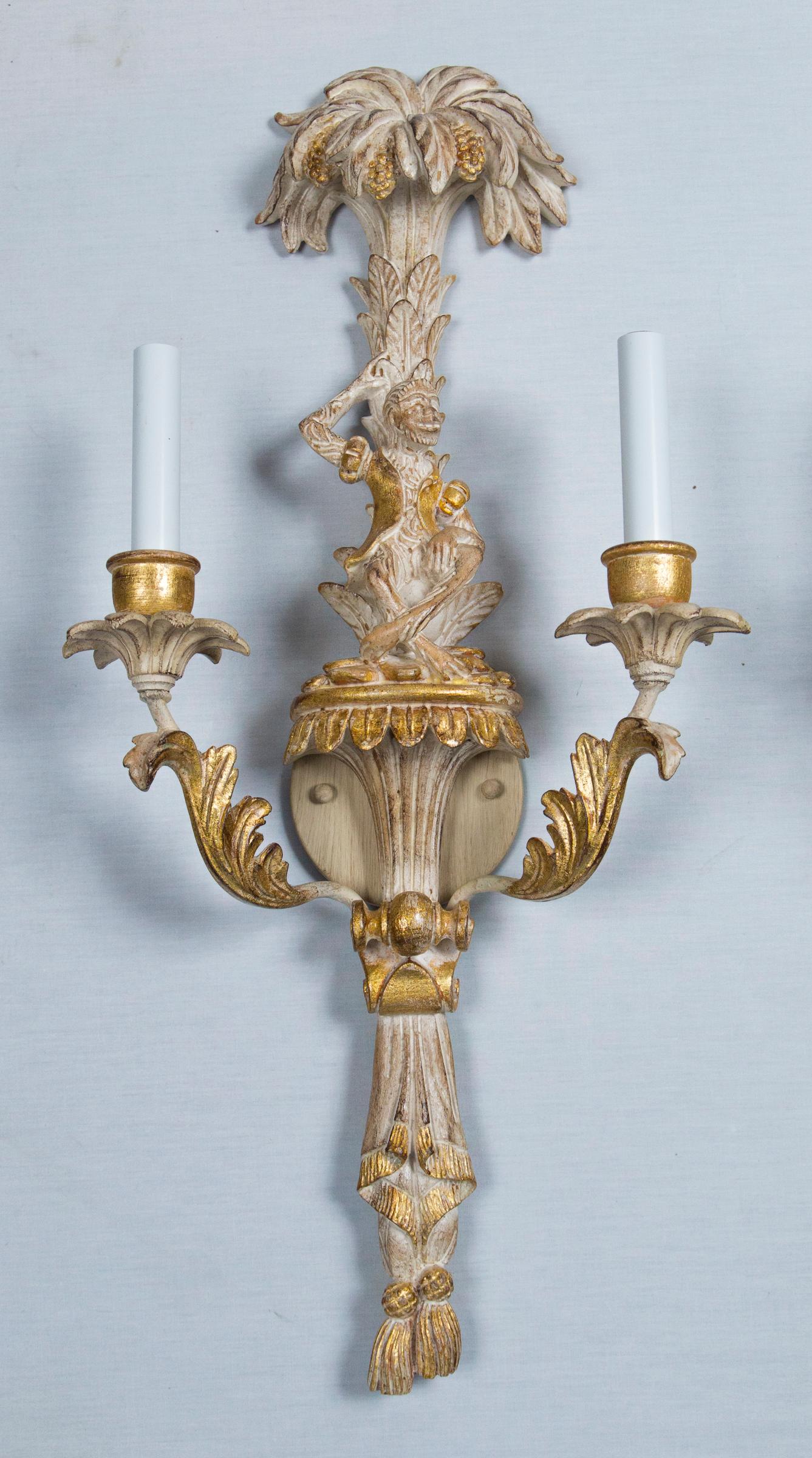 Gilt Pair of Italian Carved Wood Chinoiserie Sconces with Monkeys and Palms
