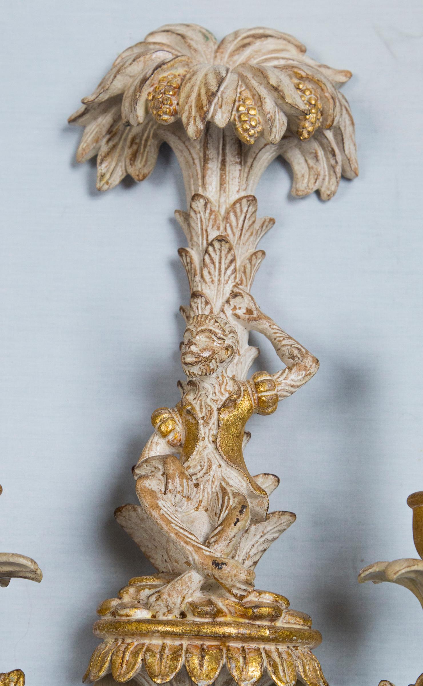 Pair of Italian Carved Wood Chinoiserie Sconces with Monkeys and Palms 2