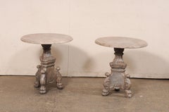 Pair Italian Carved-Wood End Tables w/Round Marble-Tops & Paw Feet