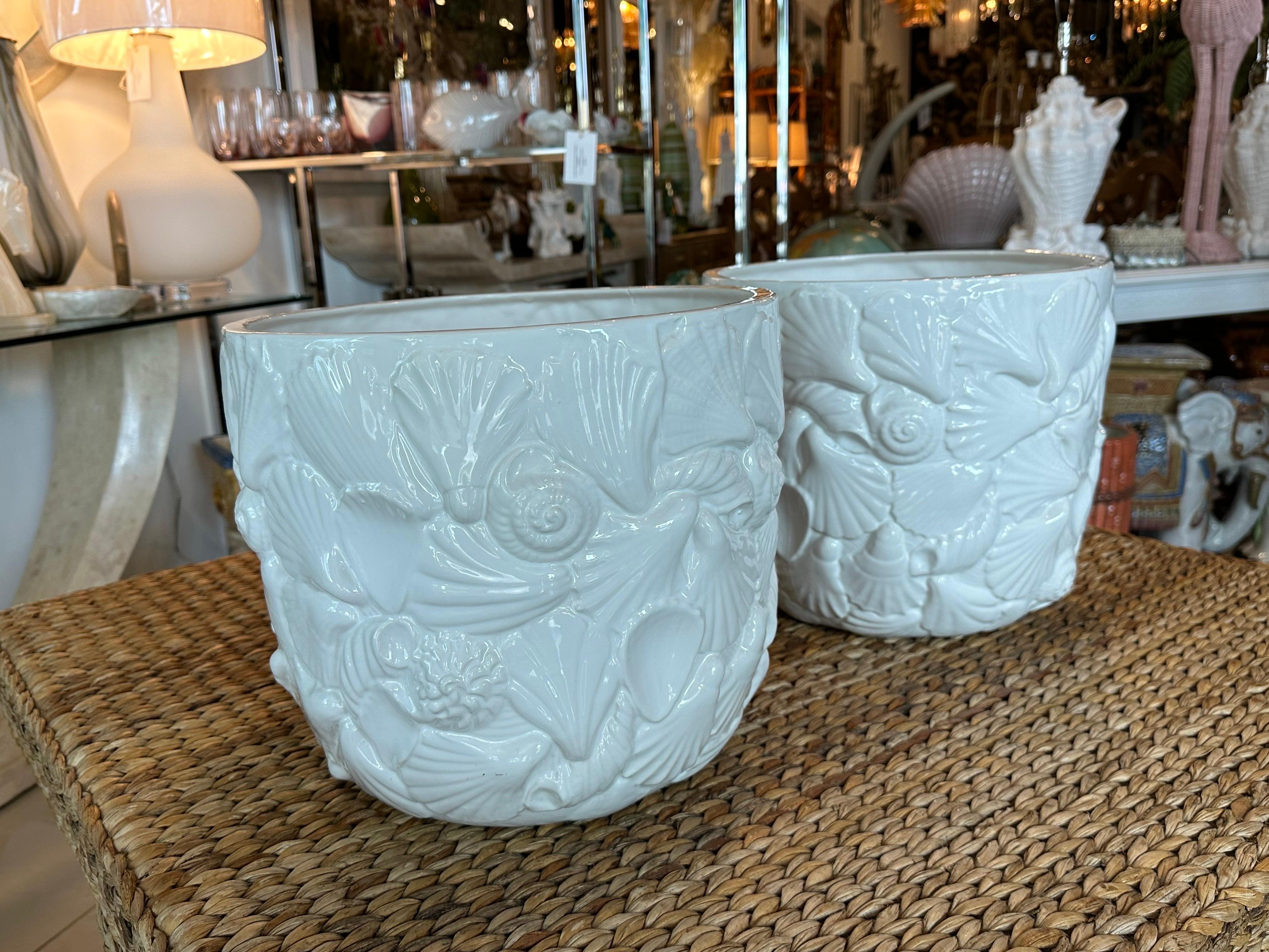 Hollywood Regency Pair Italian Ceramic Shell Seashell Flower Pots Planters Rosenthal Netter For Sale