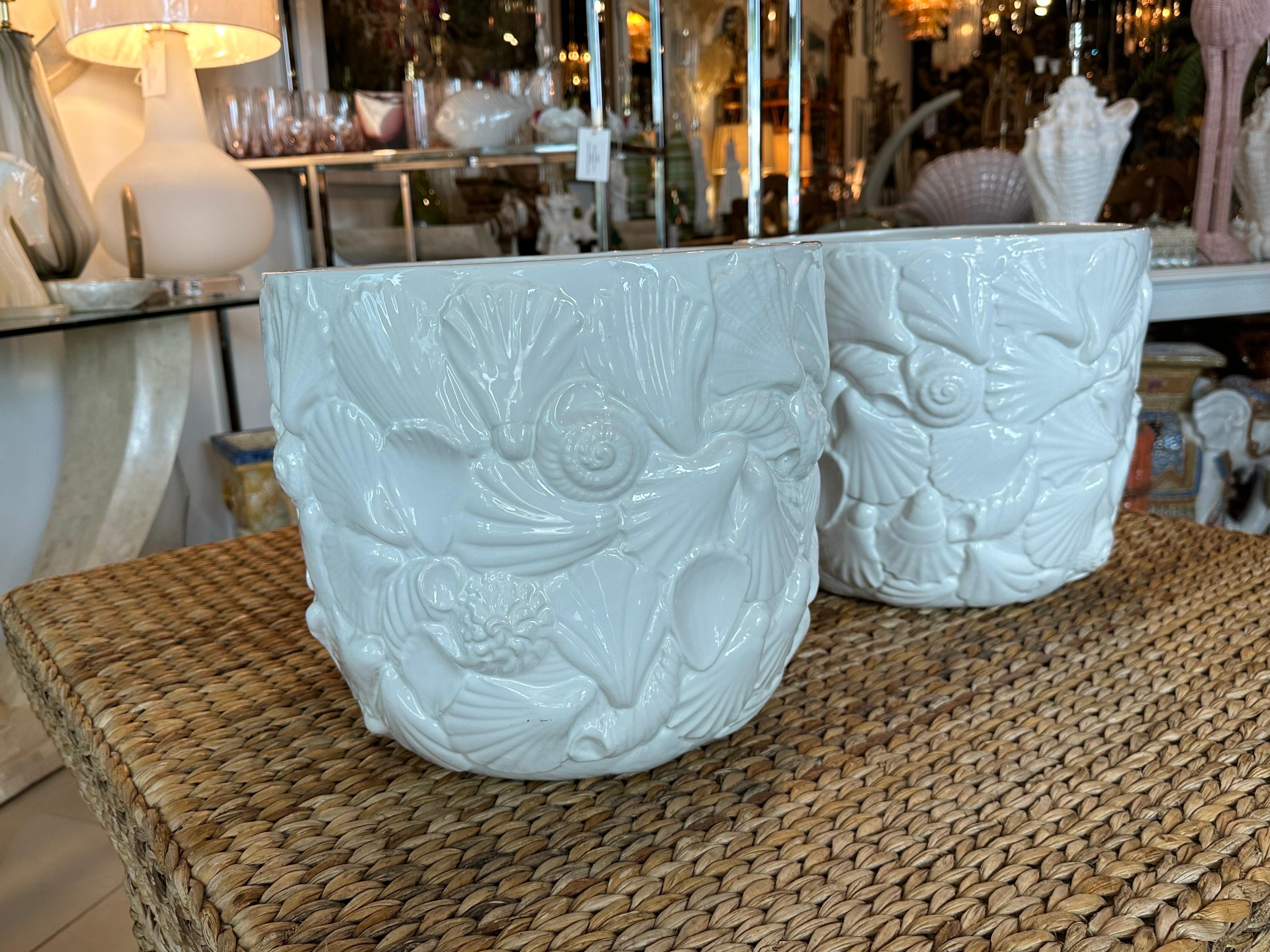 Late 20th Century Pair Italian Ceramic Shell Seashell Flower Pots Planters Rosenthal Netter For Sale