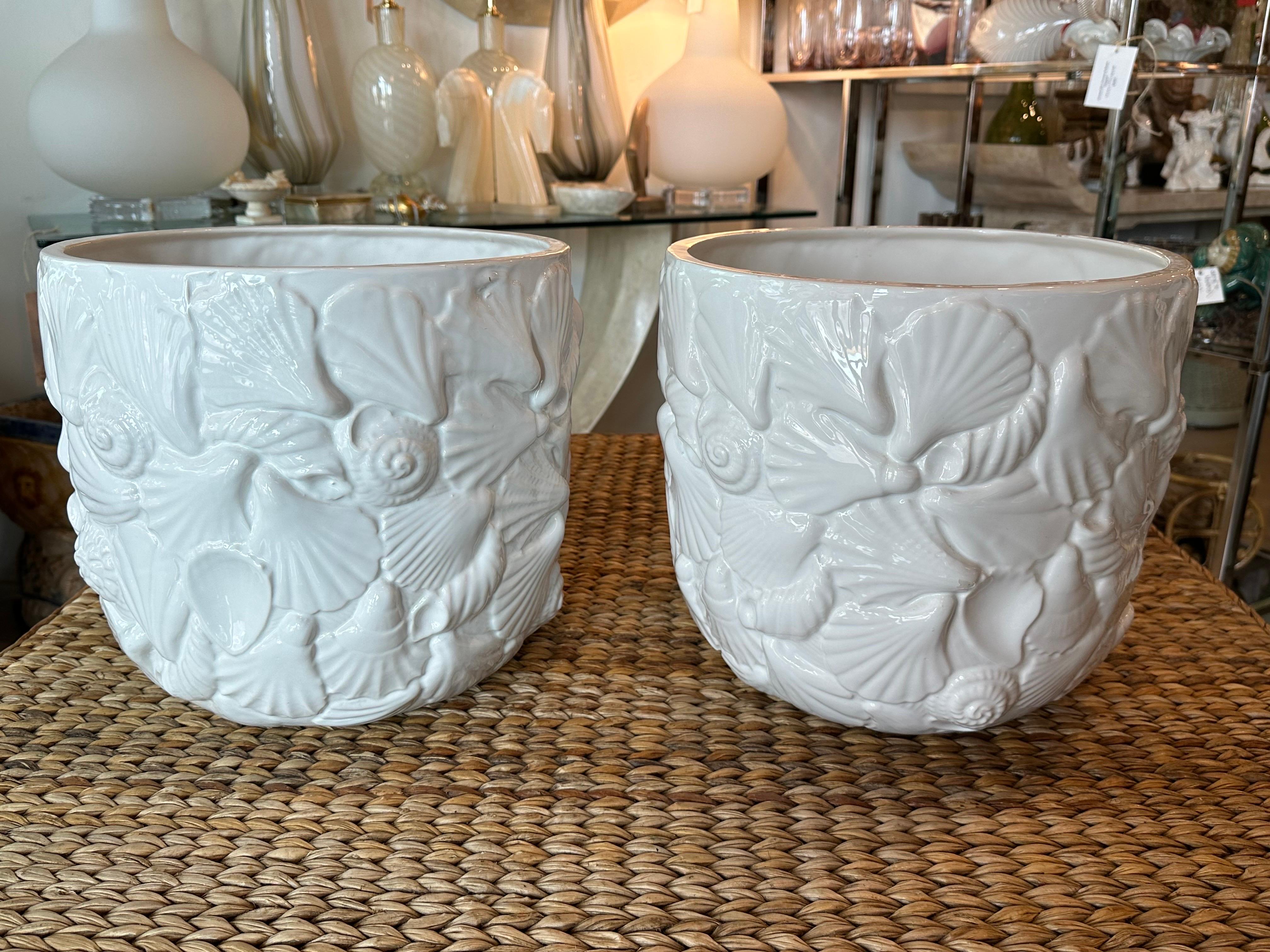 Pair Italian Ceramic Shell Seashell Flower Pots Planters Rosenthal Netter For Sale 1