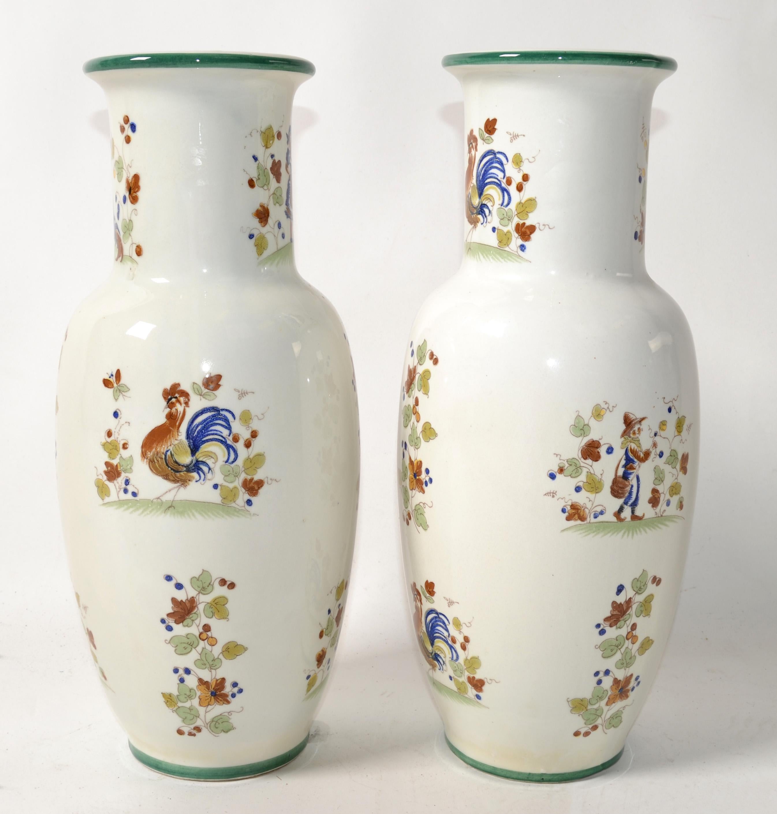 Pair, Italian Ceramic Vases Hand Painted Man Woman Rooster Scene Traditional  For Sale 7