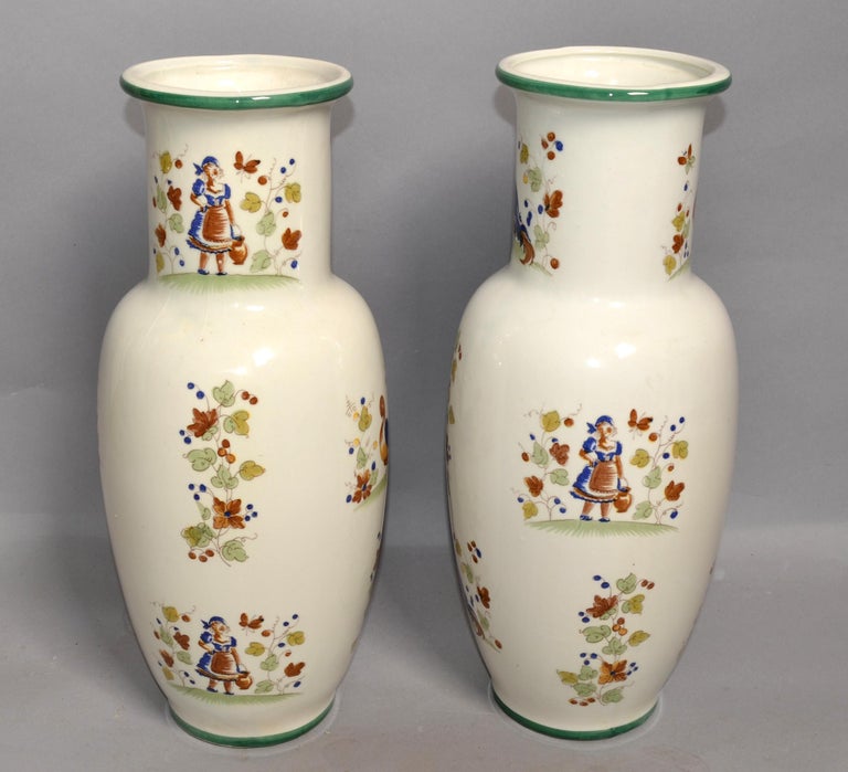 Pair, Italian Ceramic Vases Hand Painted Man Woman Rooster Scene  Traditional For Sale at 1stDibs