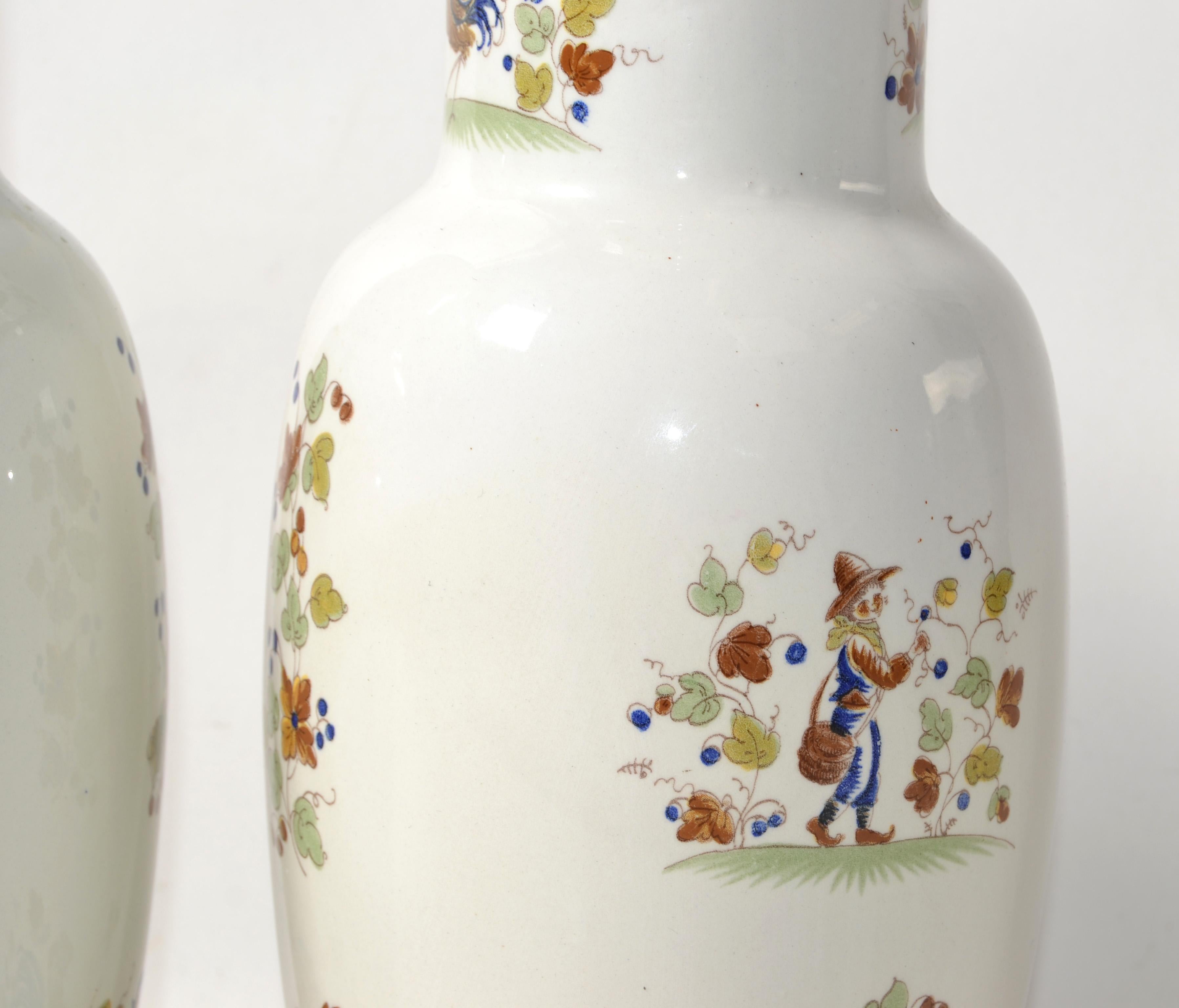20th Century Pair, Italian Ceramic Vases Hand Painted Man Woman Rooster Scene Traditional  For Sale