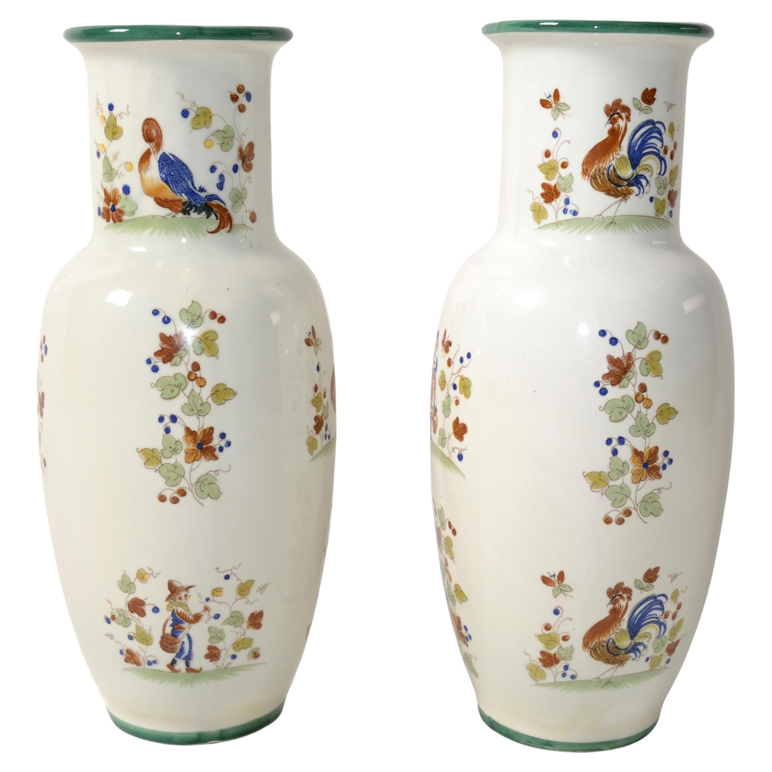 Pair, Italian Ceramic Vases Hand Painted Man Woman Rooster Scene Traditional  For Sale