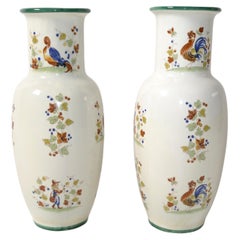 Vintage Pair, Italian Ceramic Vases Hand Painted Man Woman Rooster Scene Traditional 