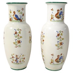 Pair, Italian Ceramic Vases Hand Painted Man Woman Rooster Scene Traditional