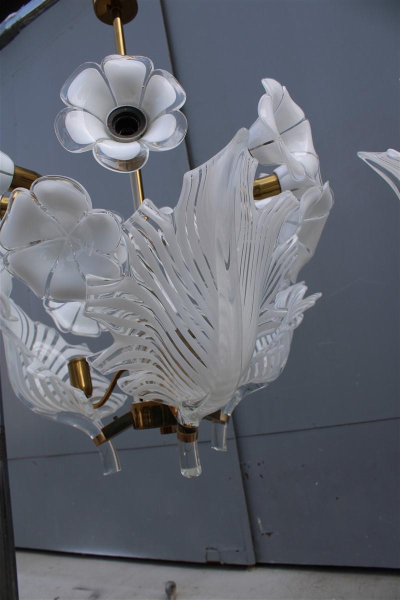 Pair Italian Chandelier Franco Luce White Murano Glass Brass Parts Gold, 1960s 5