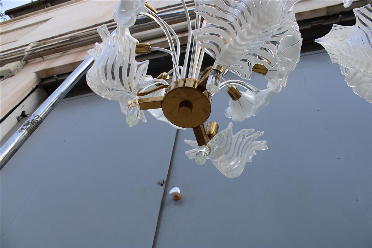 Pair Italian Chandelier Franco Luce White Murano Glass Brass Parts Gold, 1960s 6
