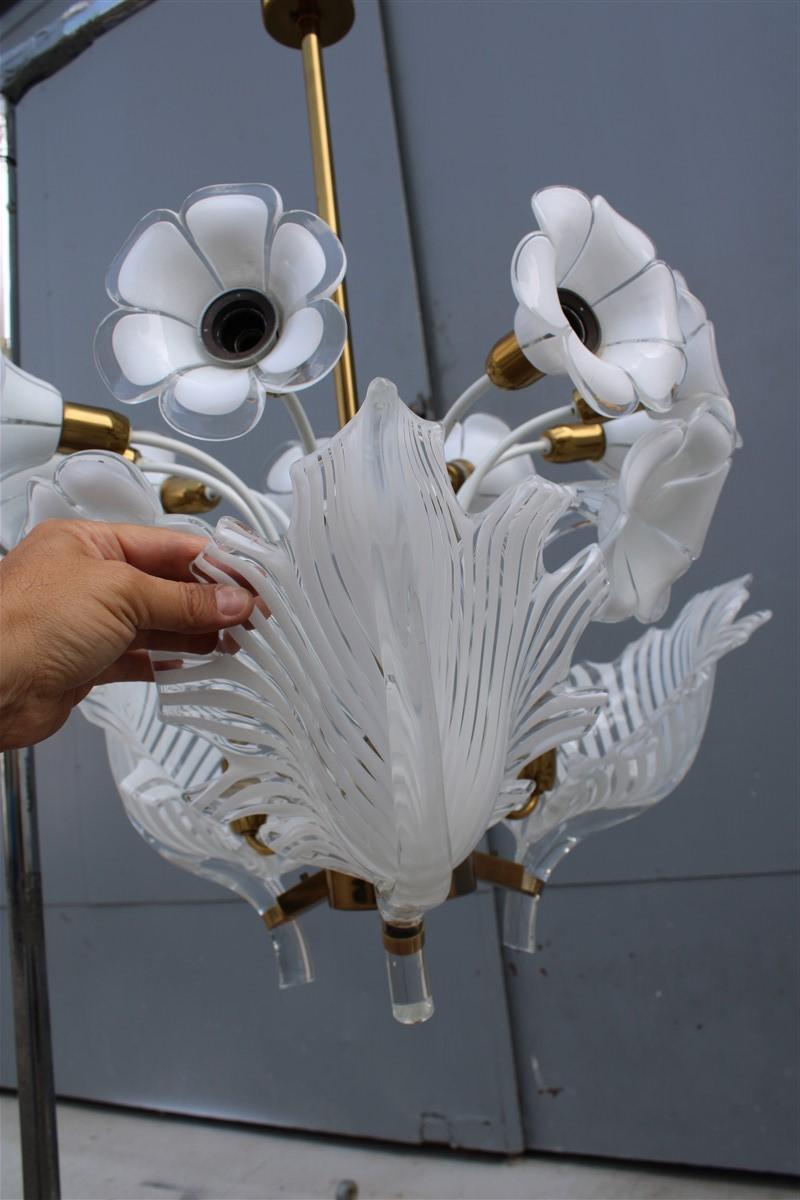 Pair Italian Chandelier Franco Luce White Murano Glass Brass Parts Gold, 1960s 9