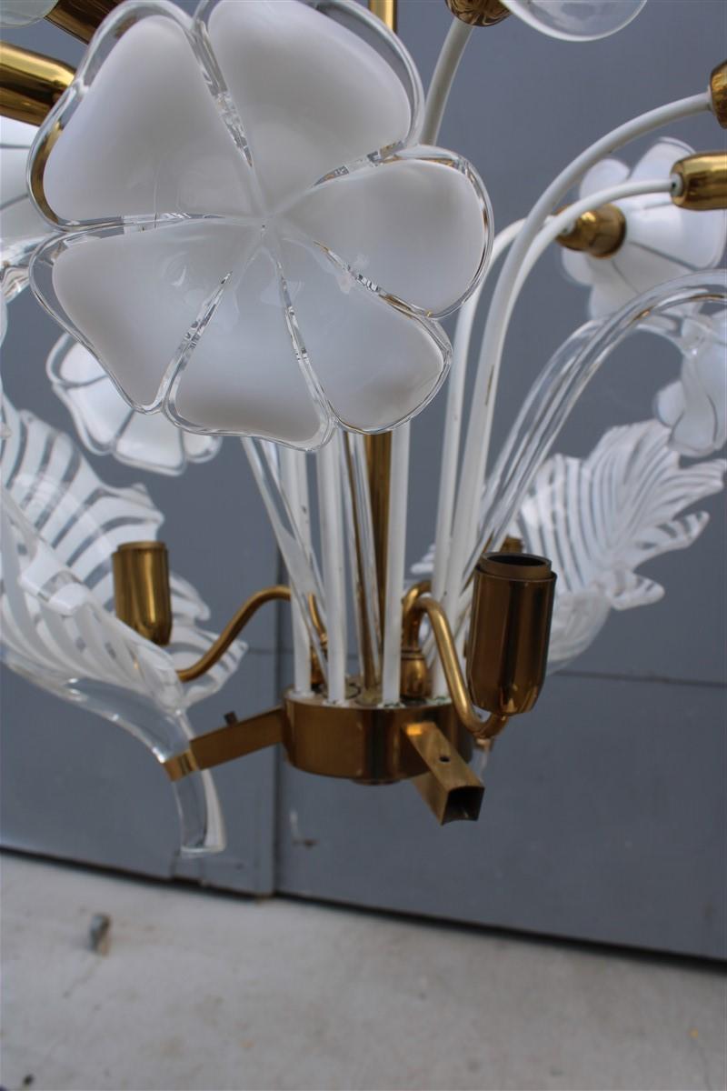 Pair Italian Chandelier Franco Luce White Murano Glass Brass Parts Gold, 1960s 11