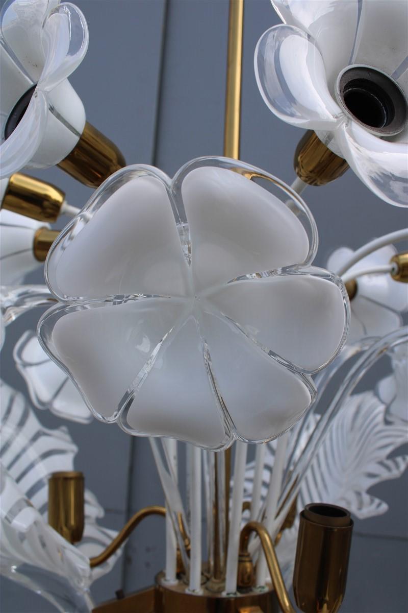 Pair Italian Chandelier Franco Luce White Murano Glass Brass Parts Gold, 1960s 12