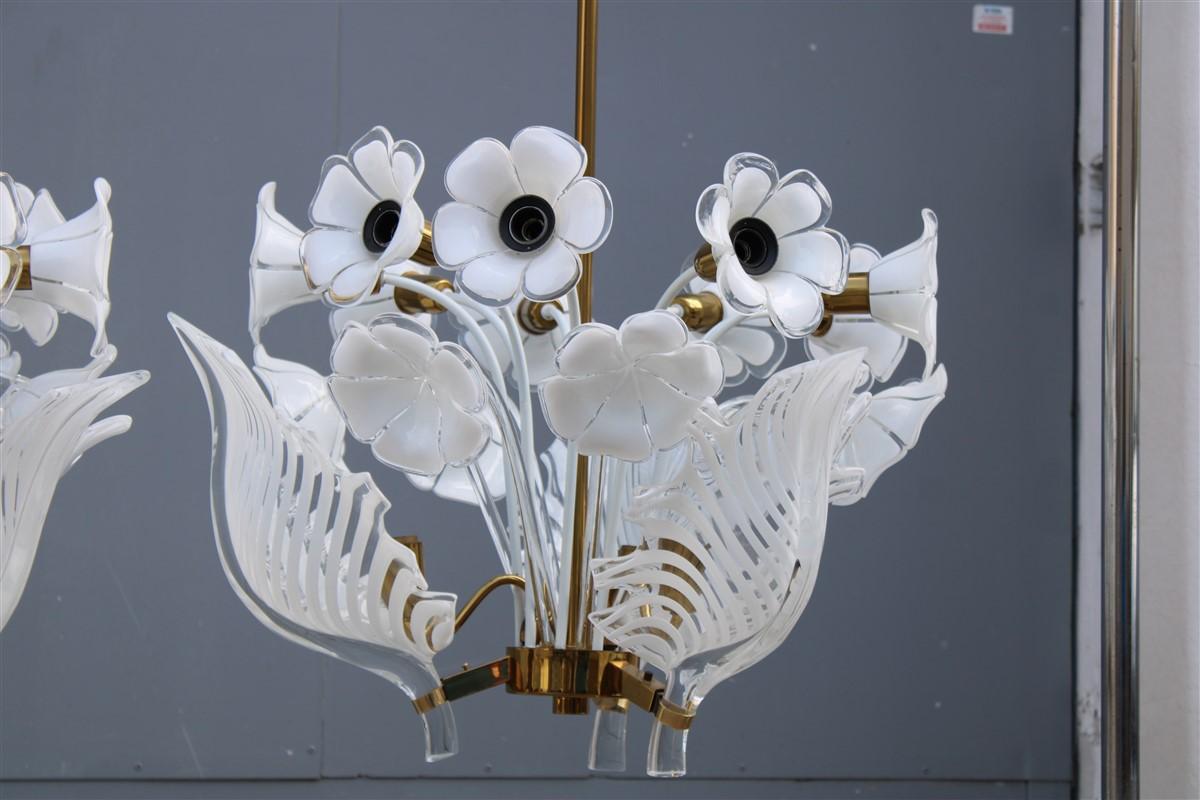 Pair Italian Chandelier Franco Luce White Murano Glass Brass Parts Gold, 1960s In Good Condition In Palermo, Sicily