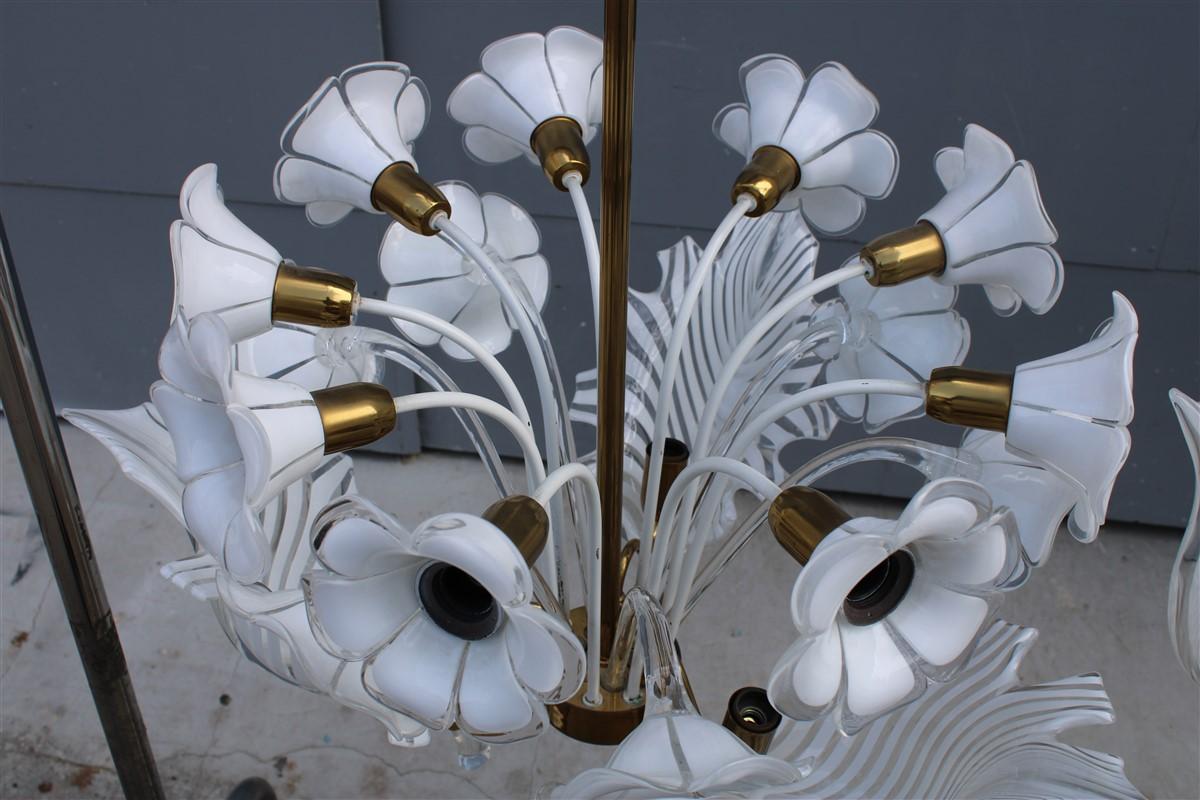 Mid-20th Century Pair Italian Chandelier Franco Luce White Murano Glass Brass Parts Gold, 1960s