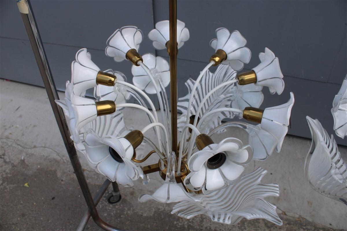 Pair Italian Chandelier Franco Luce White Murano Glass Brass Parts Gold, 1960s 4