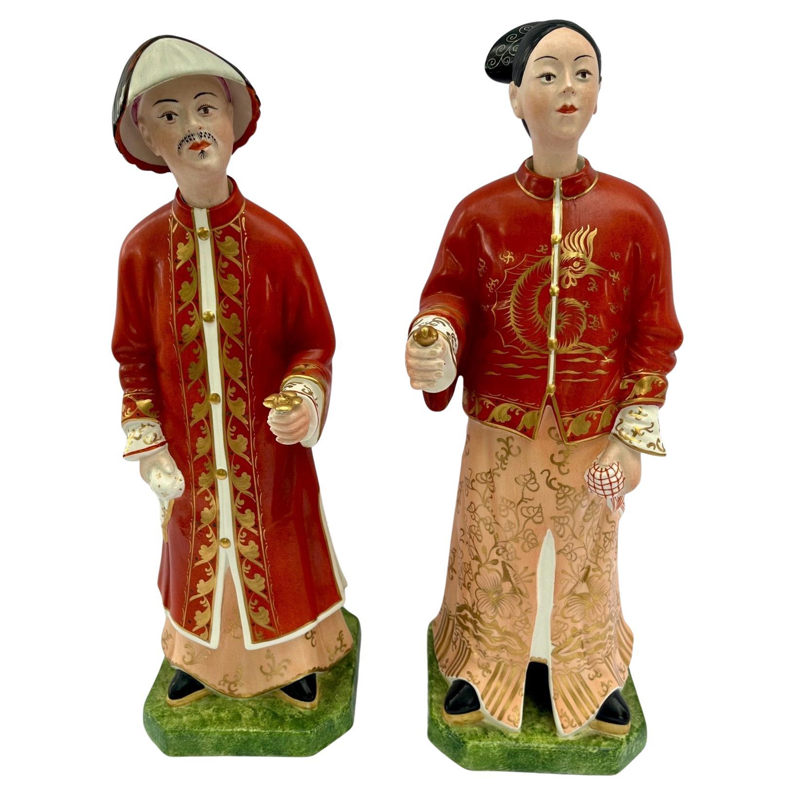 Pair Italian Chinoiseries Porcelain Nodding Head Figures, Mottahedeh, Italy. For Sale