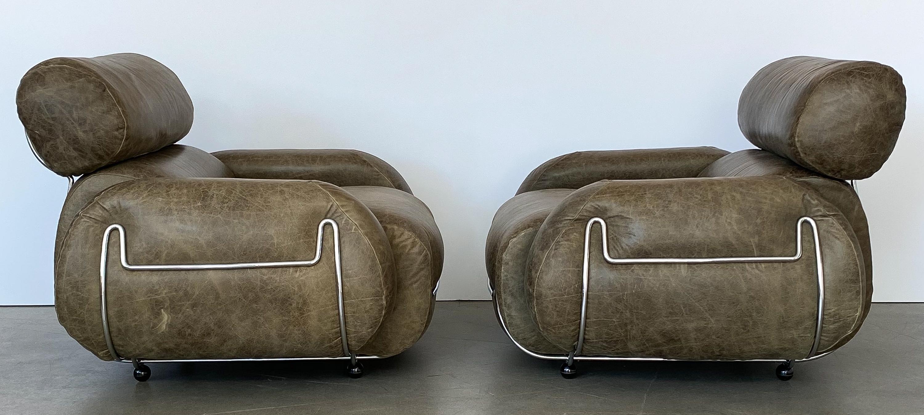 Pair of Italian Chrome and Leather Lounge Chairs 1
