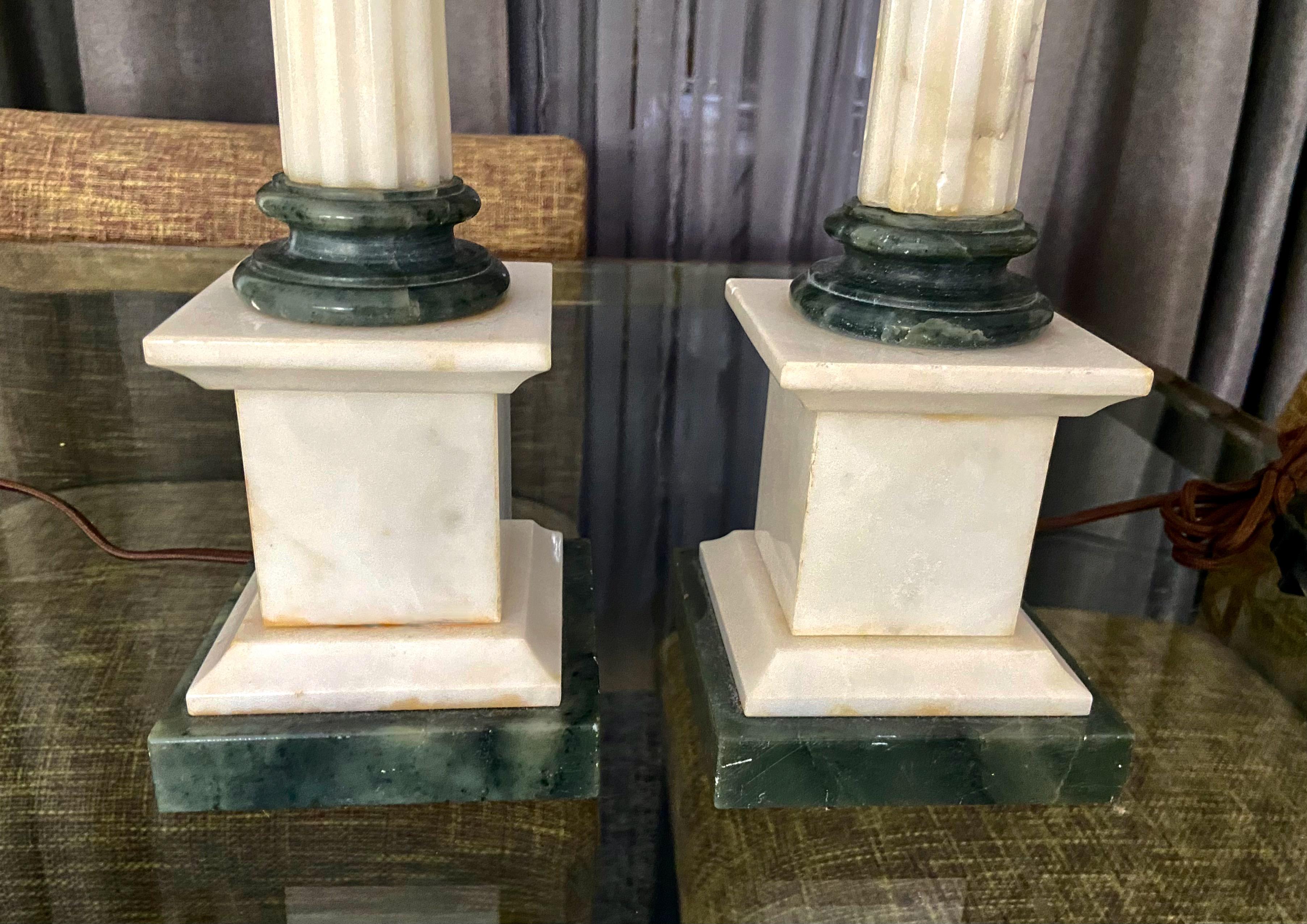 Pair Italian Column Neoclassic Alabaster Table Lamps For Sale 4
