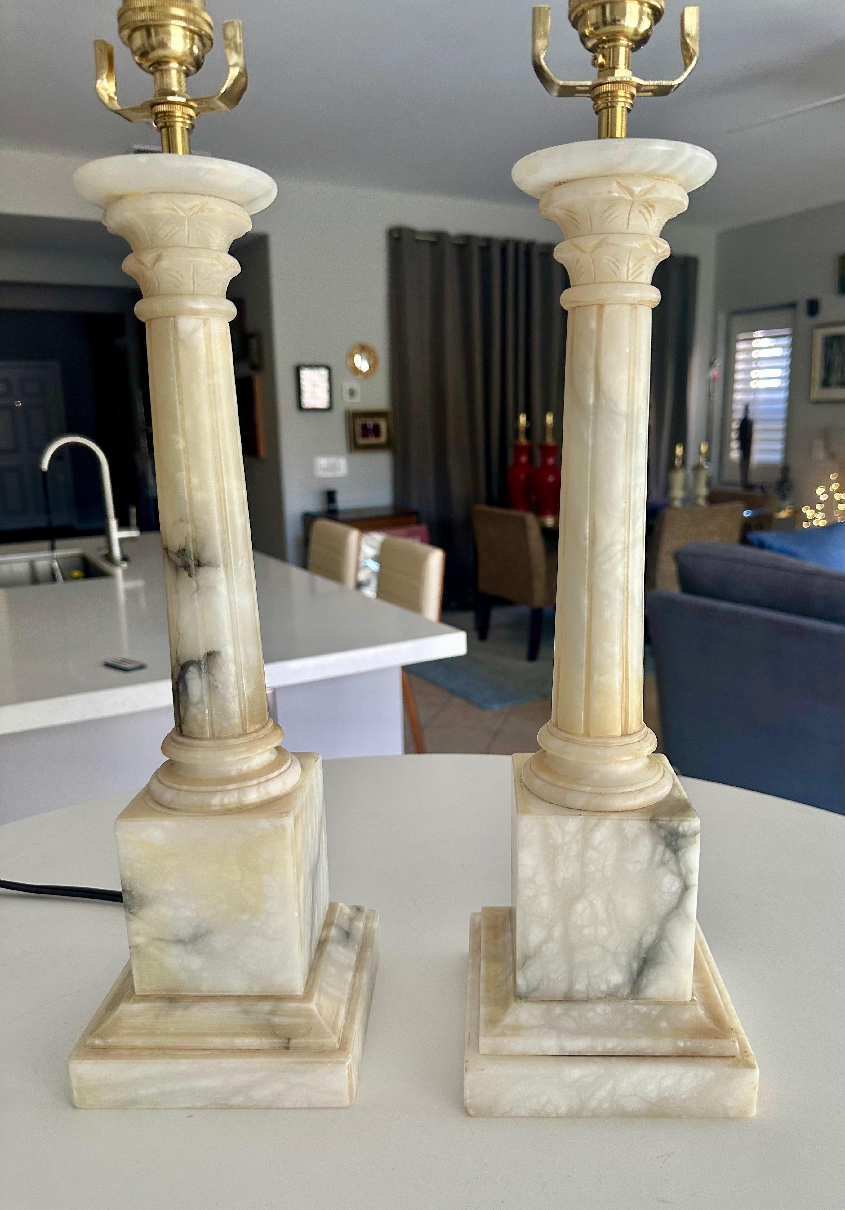 Pair Italian Column Neoclassic Alabaster Table Lamps 4