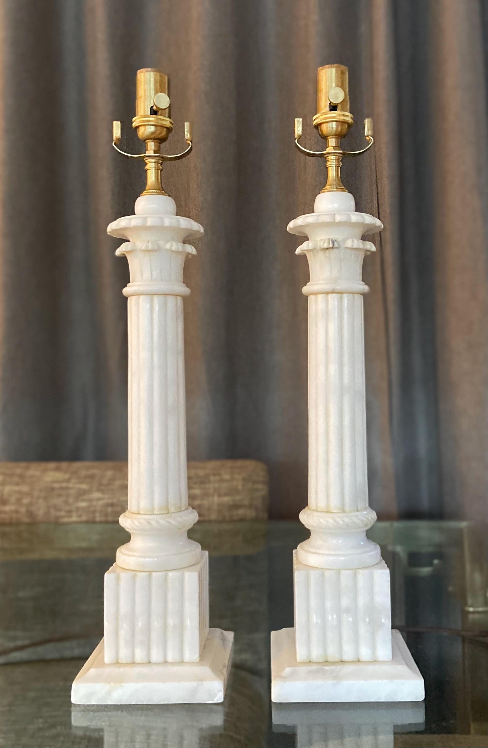 Pair Italian Column Neoclassic Alabaster Table Lamps 5