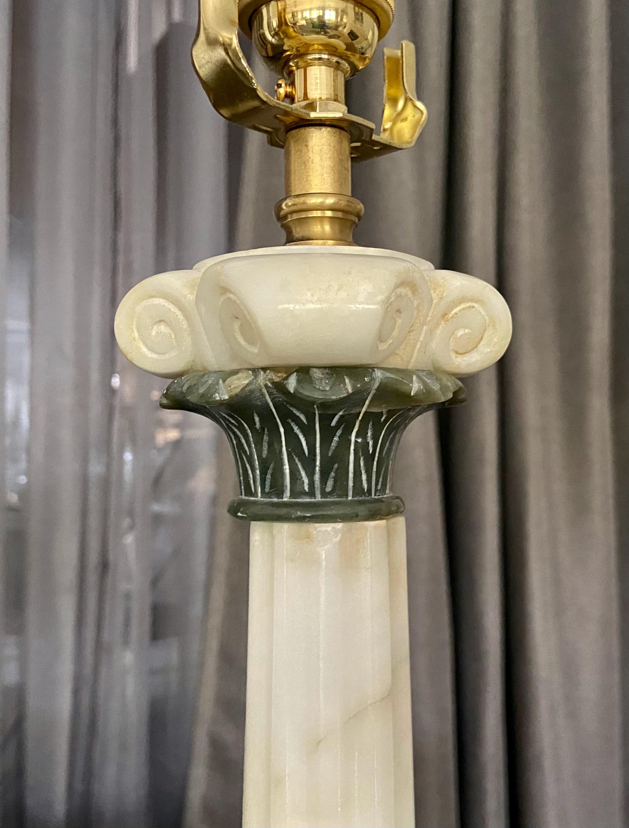 Pair Italian Column Neoclassic Alabaster Table Lamps For Sale 6