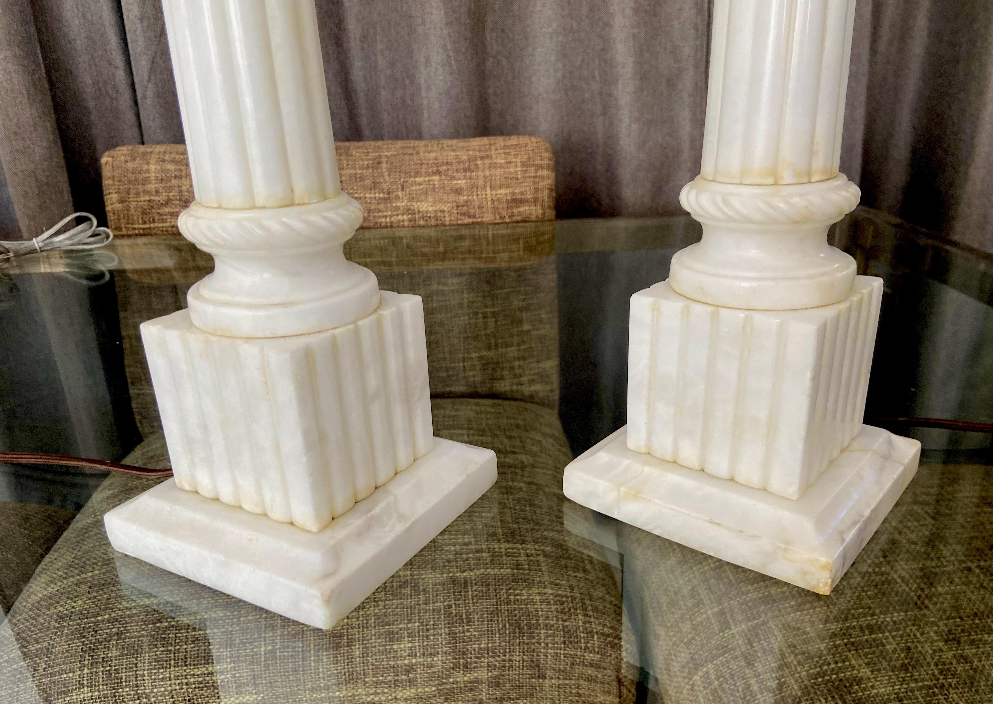 Pair Italian Column Neoclassic Alabaster Table Lamps 8