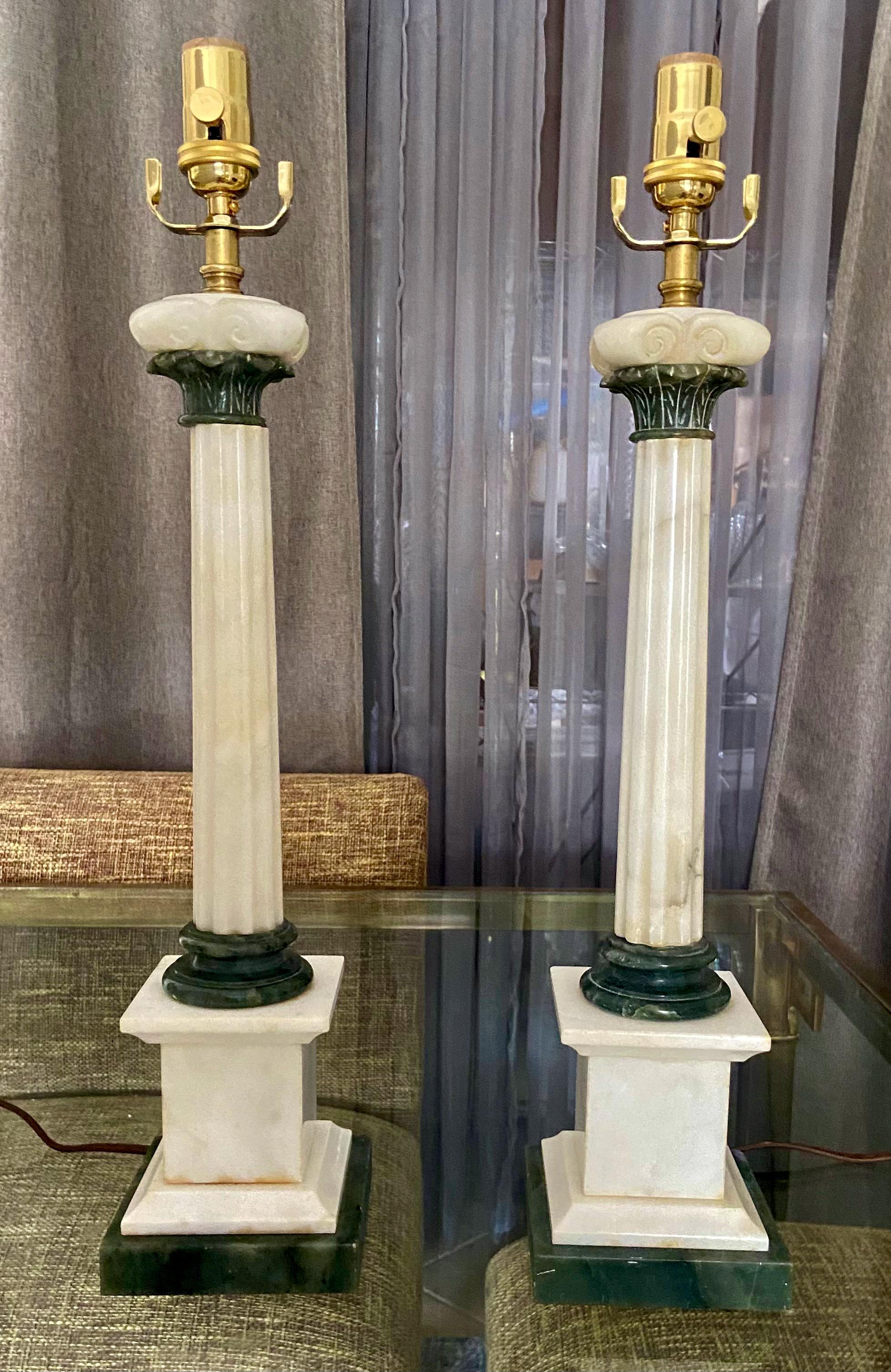 Pair Italian Column Neoclassic Alabaster Table Lamps For Sale 9